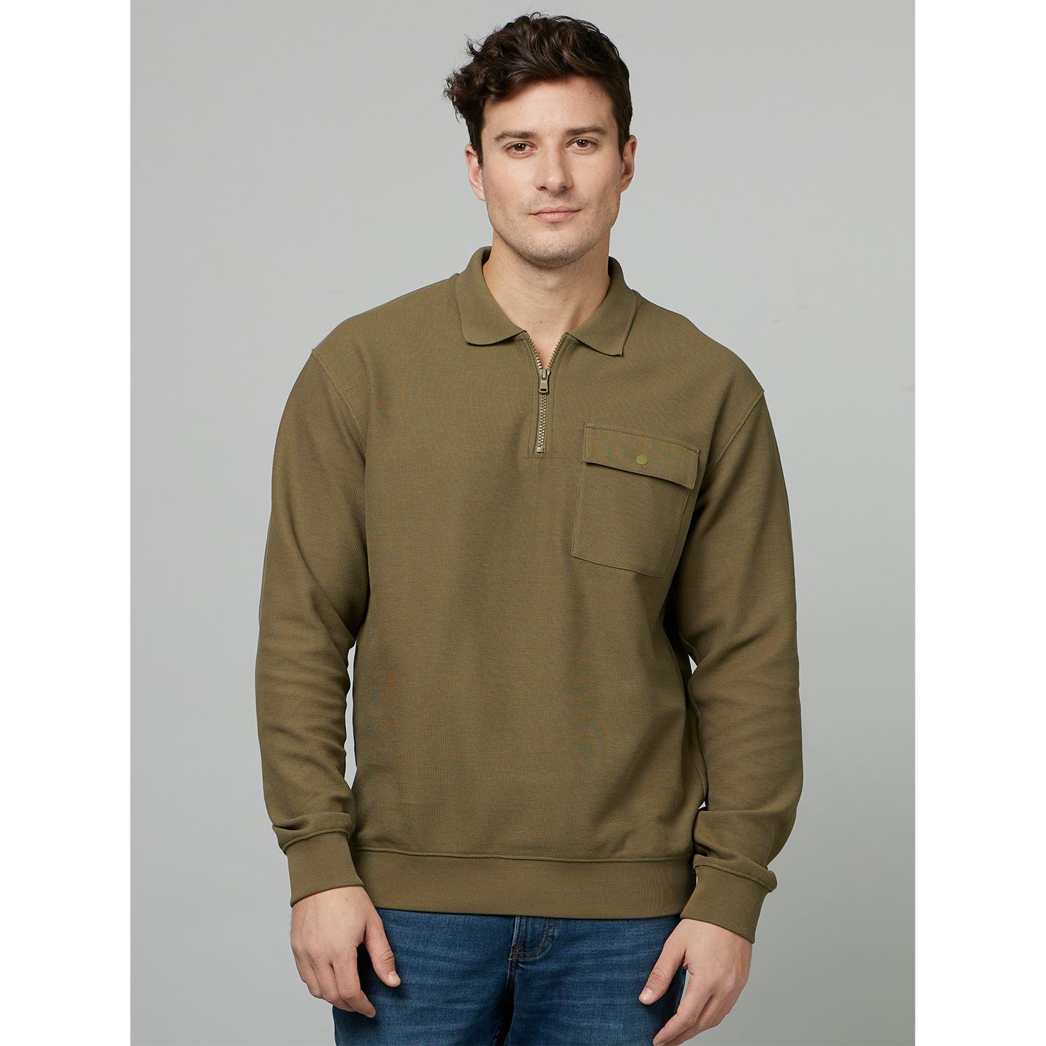 Khaki Polo Collar Cotton Pullover Sweater (FEHALFY)