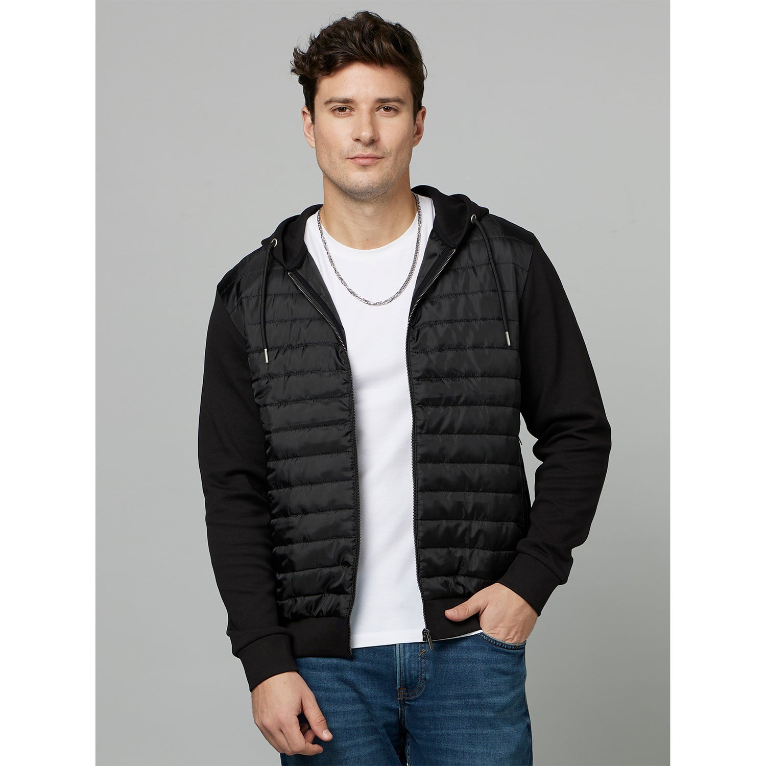 Black Hooded Long Sleeve Puffer Jacket (FEQUILTED)
