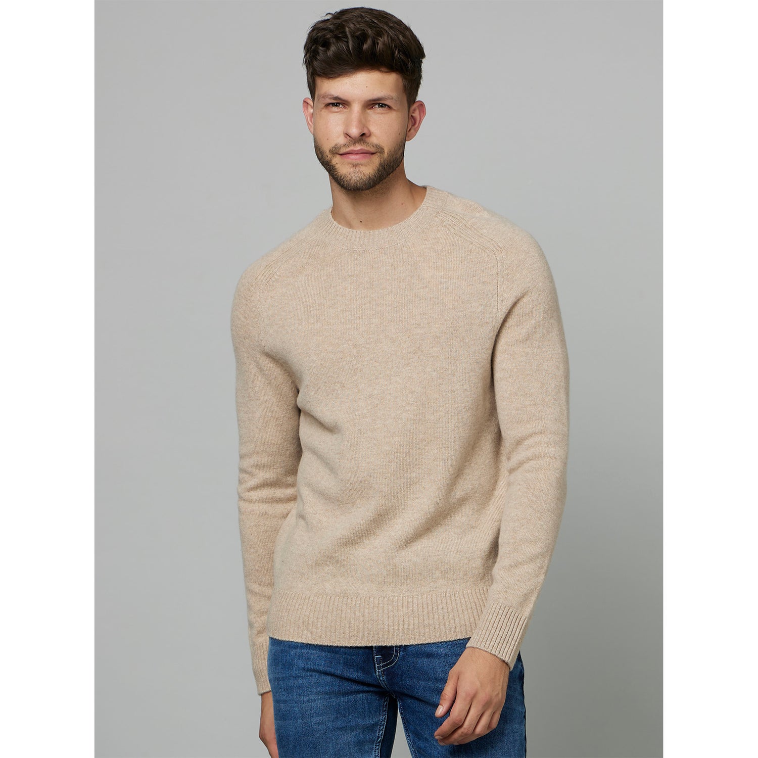 Beige Round Neck Long Sleeves Woollen Pullover Sweater (CEWOOL)