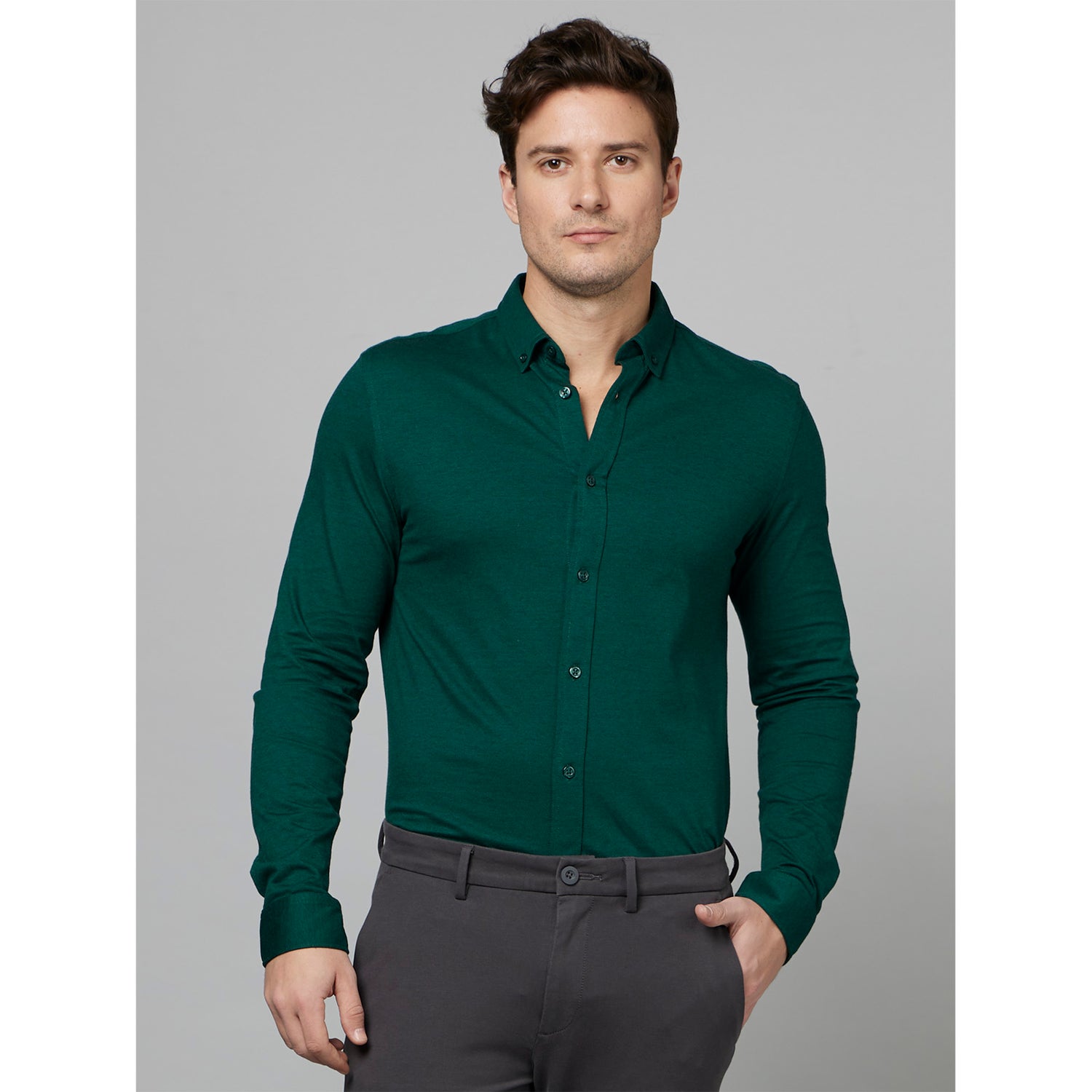 Dark Green Classic Spread Collar Cotton Casual Shirt (DAPIKIN)