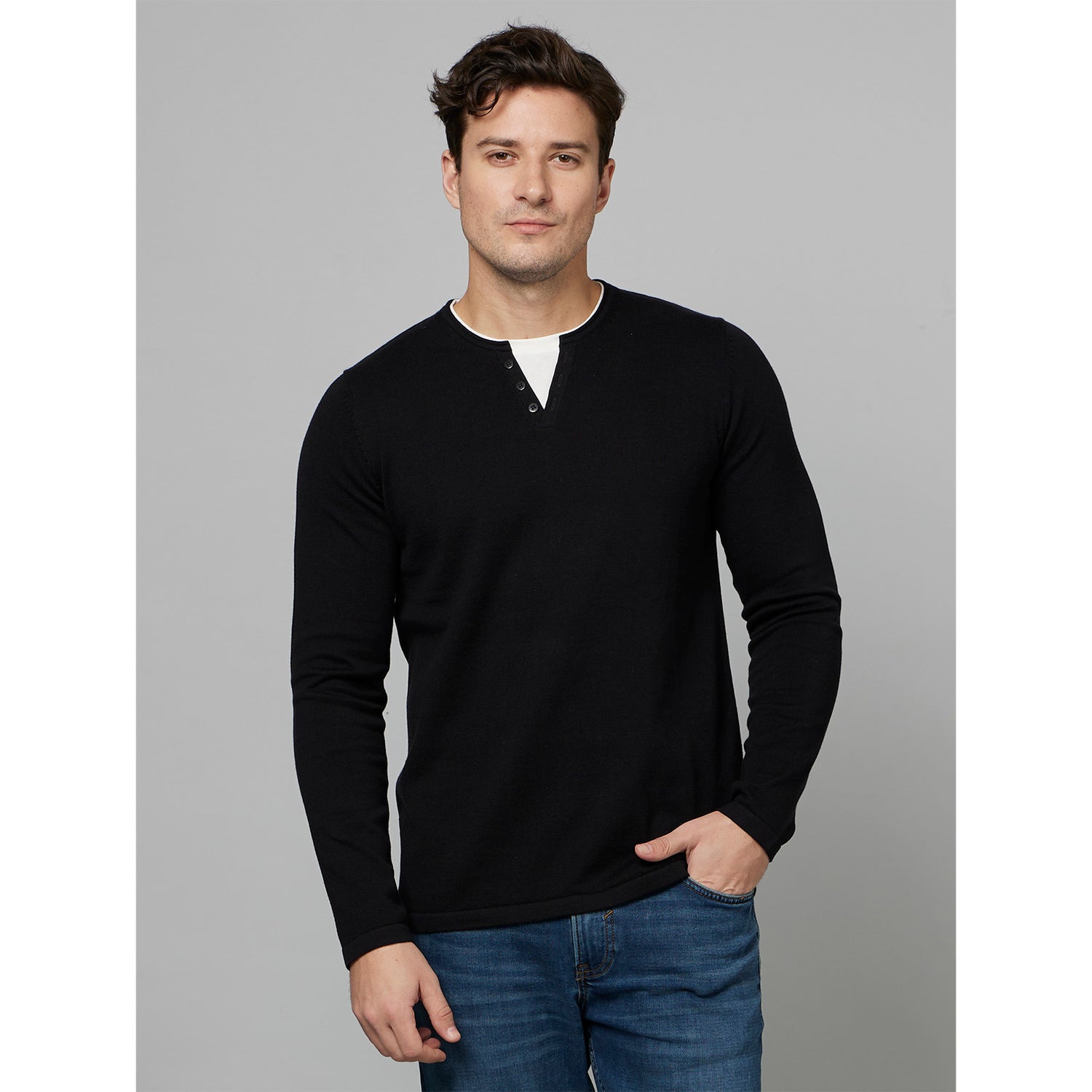 Black Round Neck Cotton Pullover Sweater (FELANOIN)