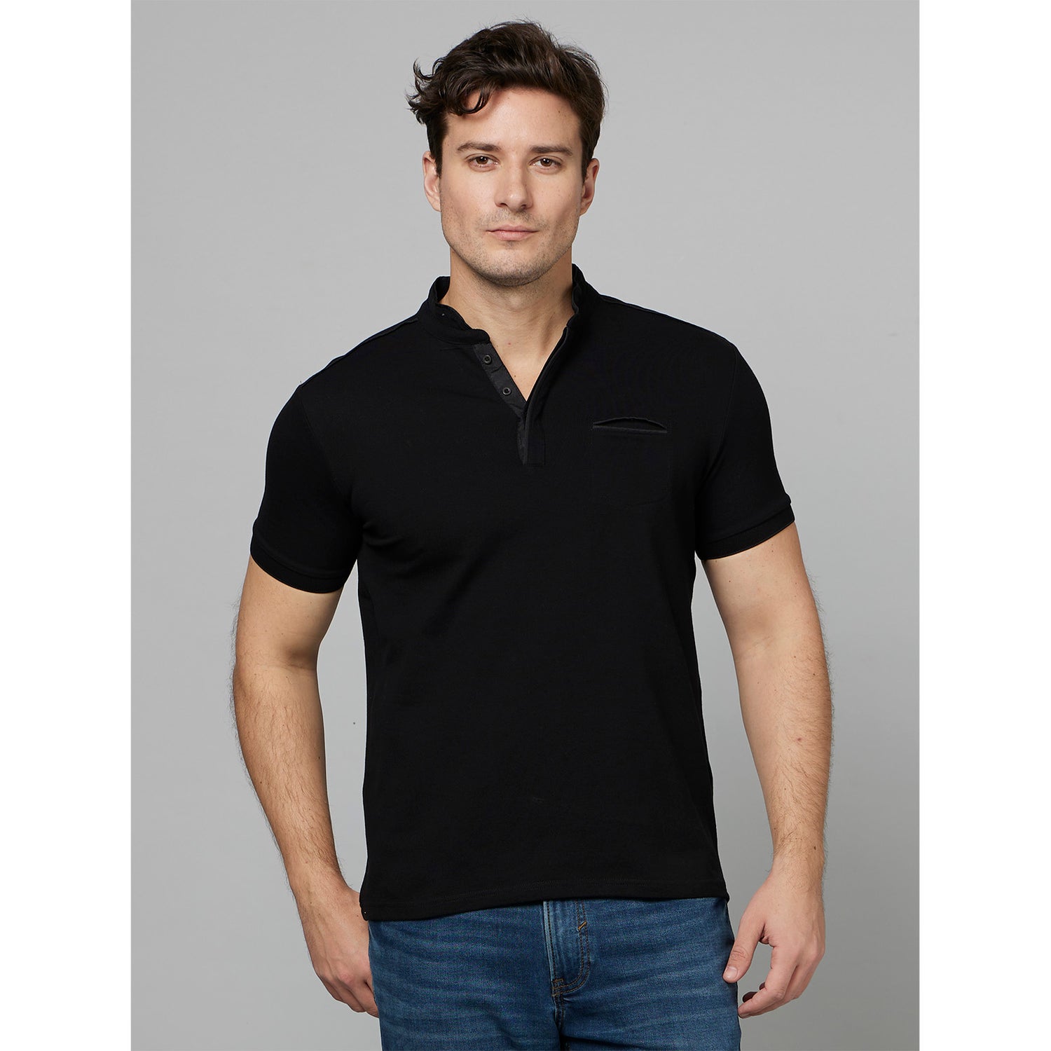 Black Mandarin Collar Regular Fit Cotton T-shirt (FEOFFICER)