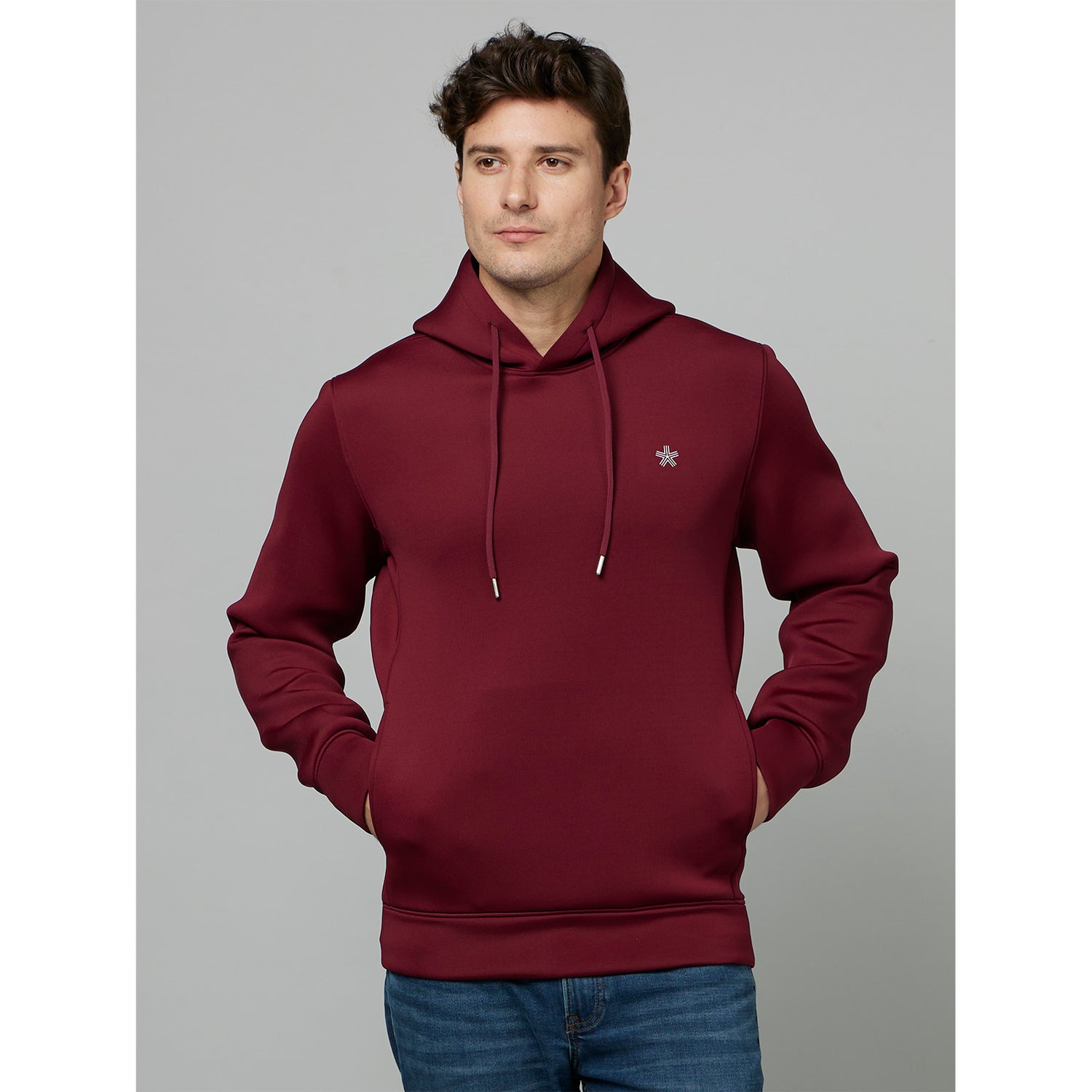 Burgundy Hooded Long Sleeves Cotton Pullover Sweatshirt (FESCUBAH)