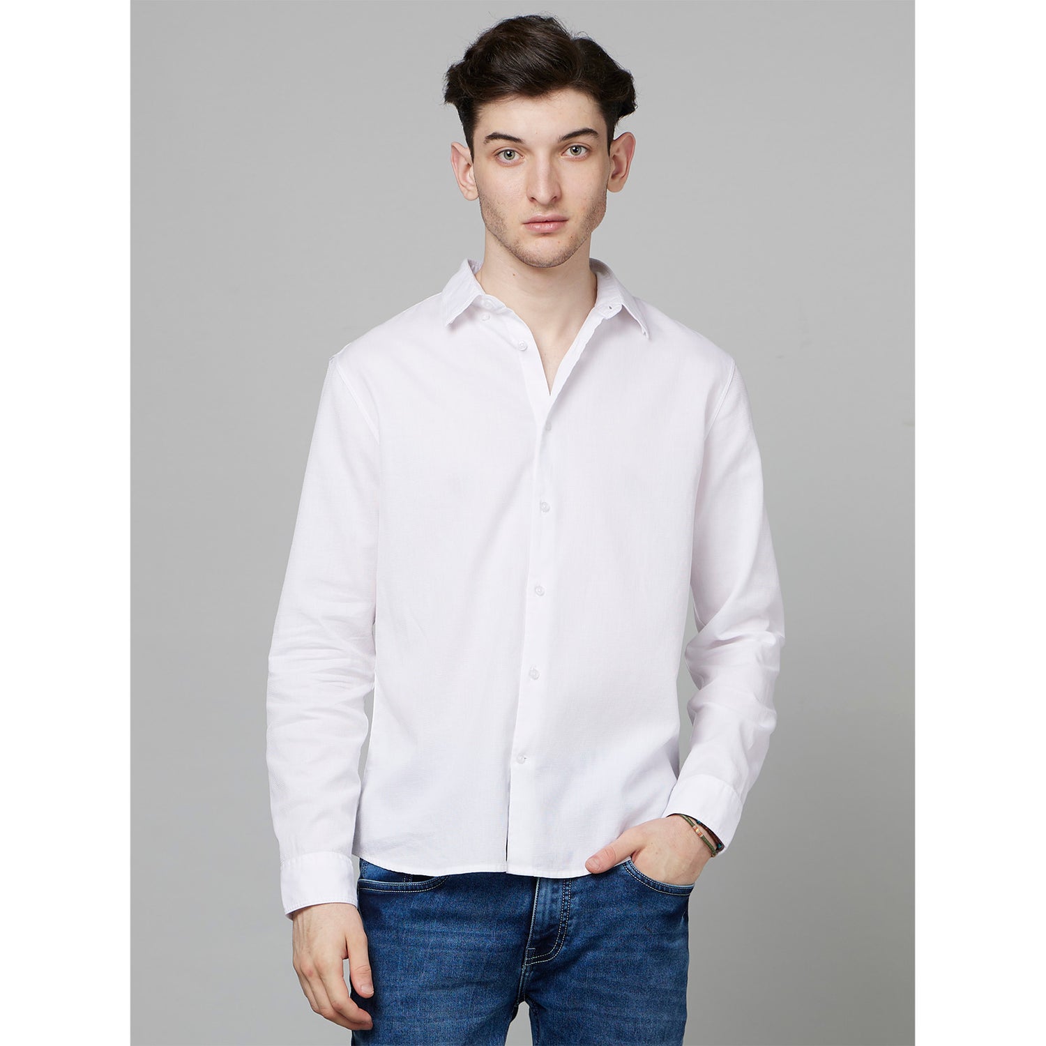 White Classic Regular Fit Spread Collar Opaque Cotton Casual Shirt (FAWAFLSH)