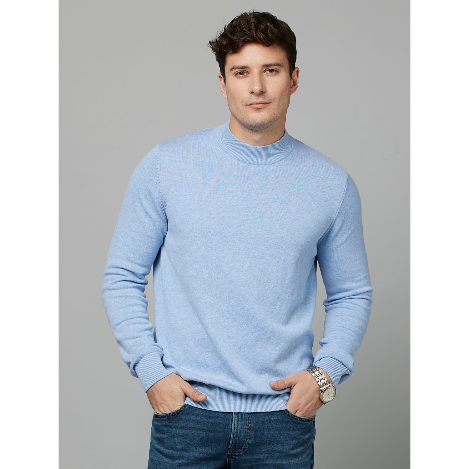 Blue High Neck Cotton Pullover Sweater (FETURN)