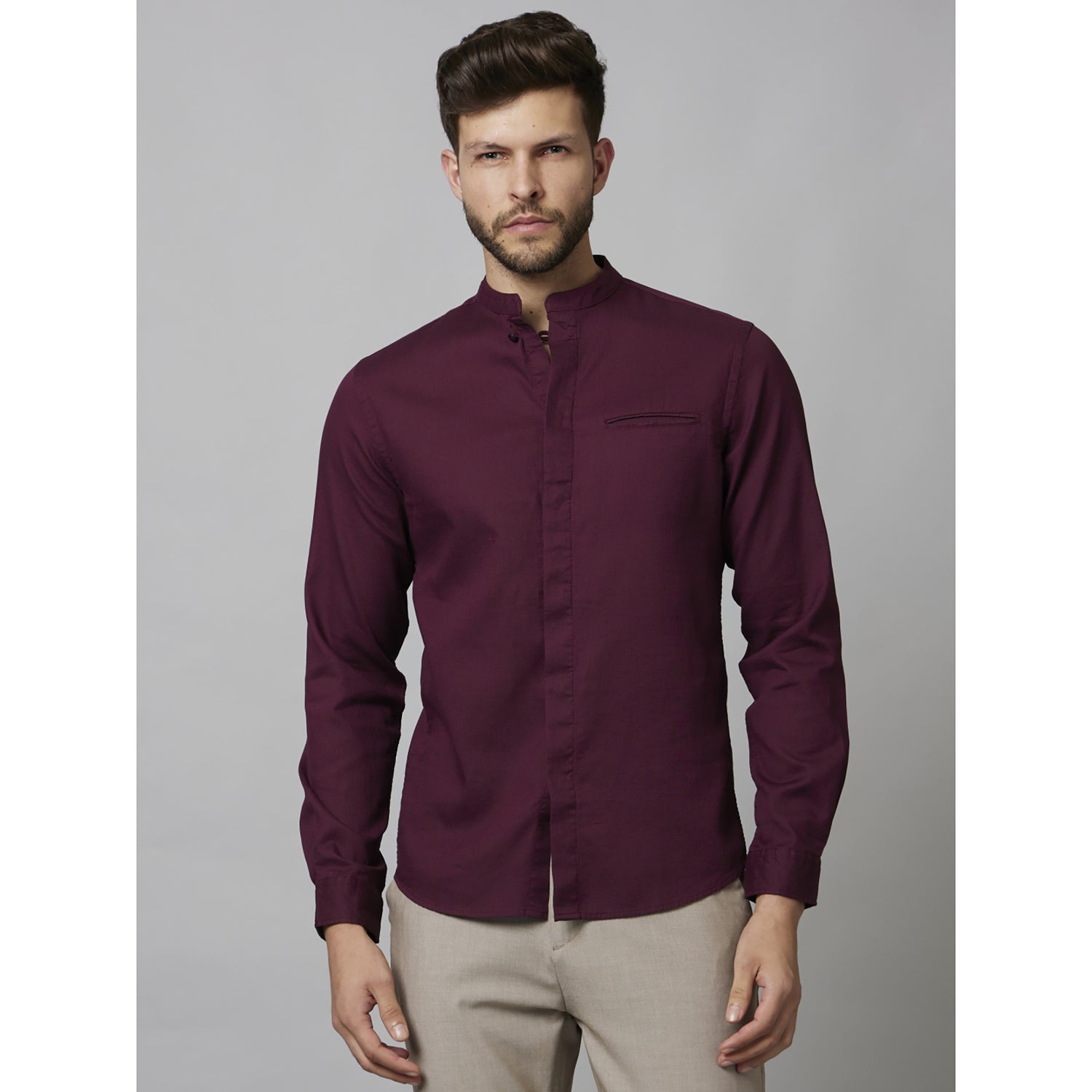 Burgundy Mandarin Collar Cotton Classic Regular Fit Shirt (NAINDISH)