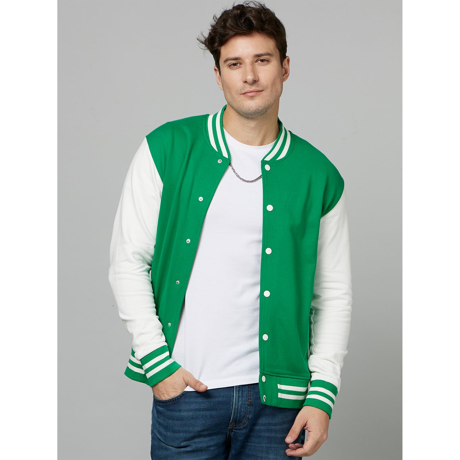 Green Colourblocked Varsity Jacket (FUCONTRAST)