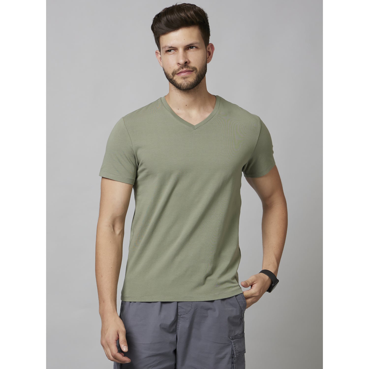 Khaki Solid Half Sleeve Cotton Blend T-Shirts (NEUNIV1)
