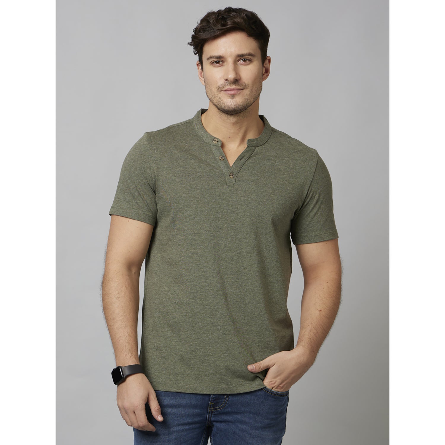 Olive Solid Short Sleeve Cotton Blend T-Shirts (CEGETI1)