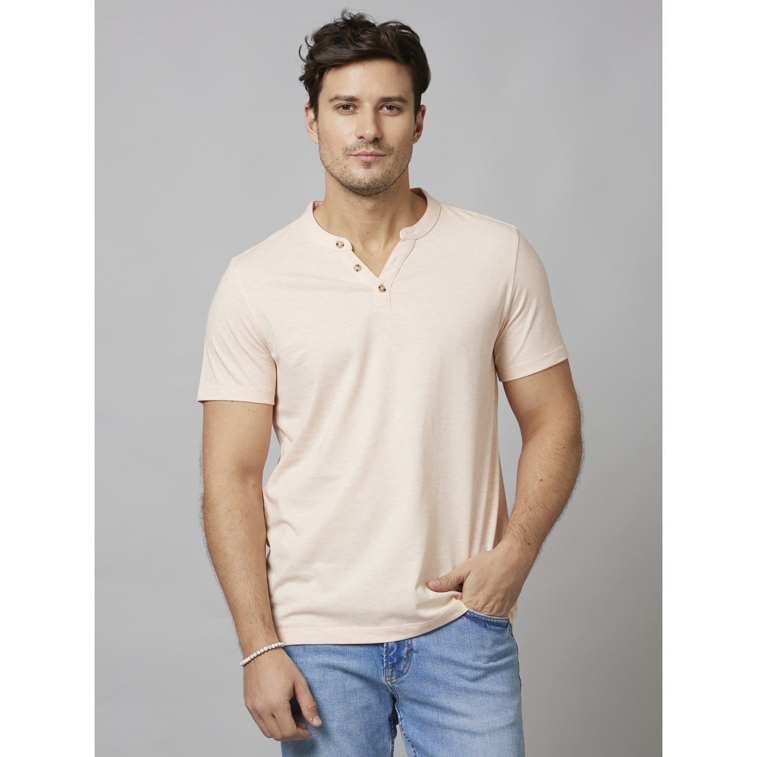 Cream Solid Short Sleeve Cotton Blend T-Shirts (CEGETI1)
