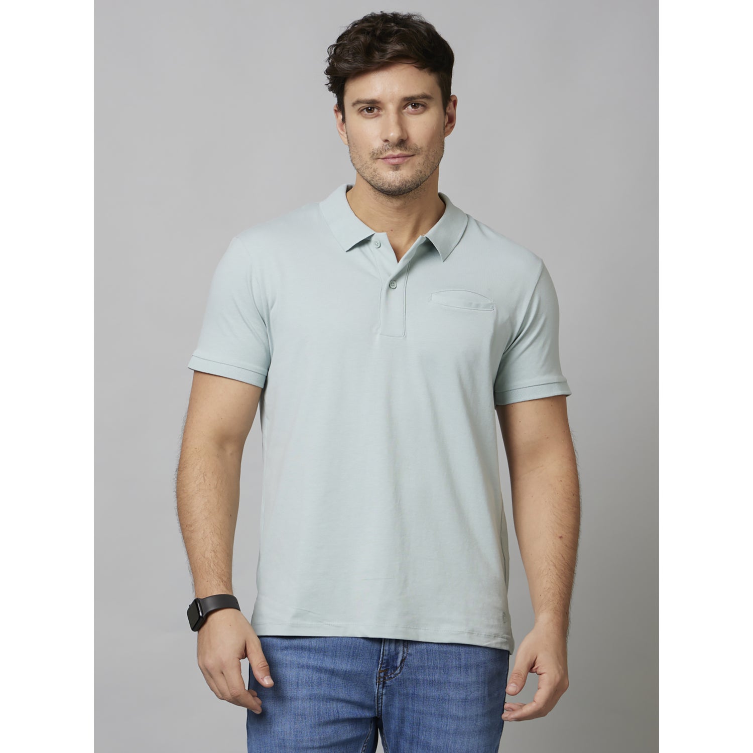 Blue Solid Short Sleeve Cotton Poly Blend T-Shirts (DECOULE)