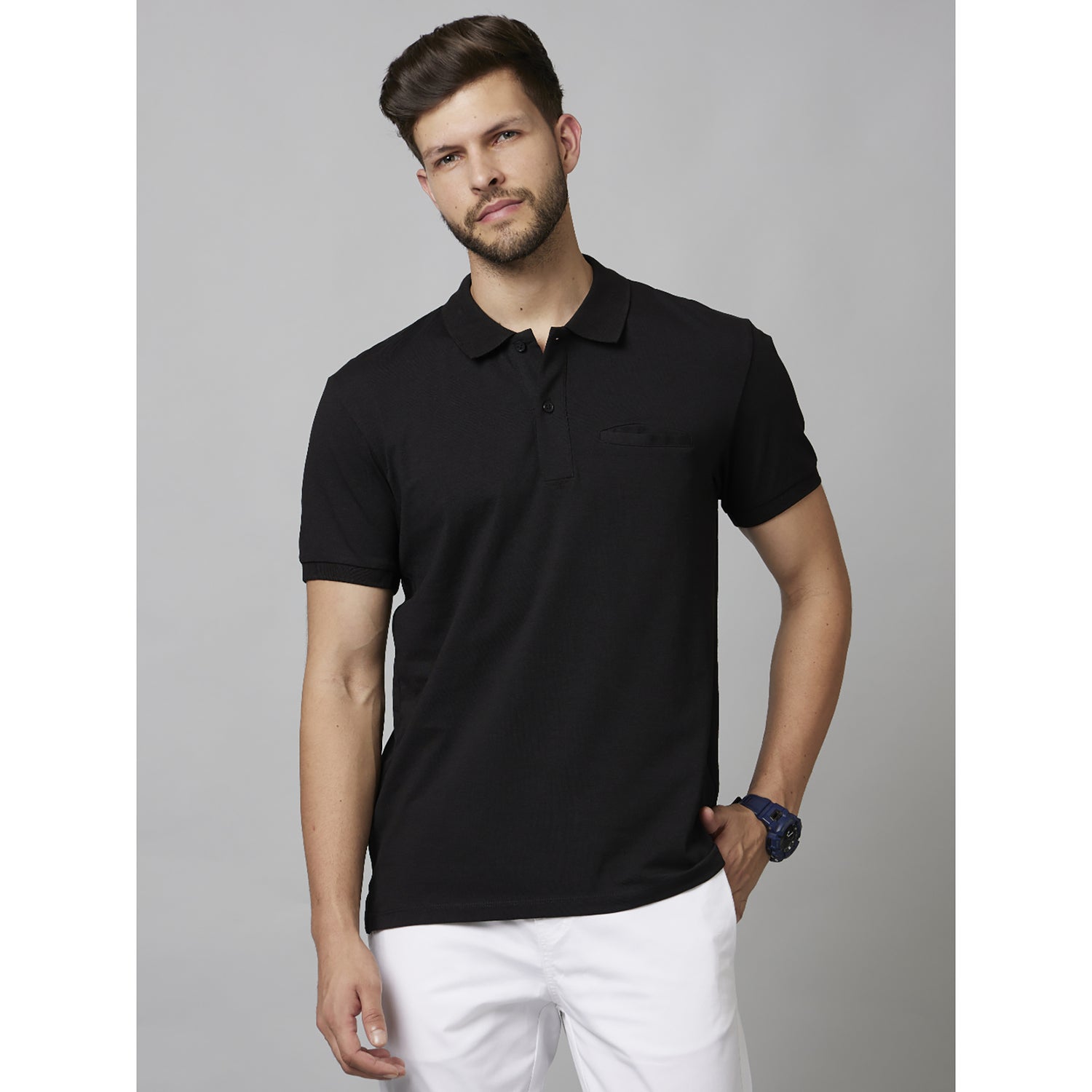 Black Solid Short Sleeve Cotton Poly Blend T-Shirts (DECOULE)