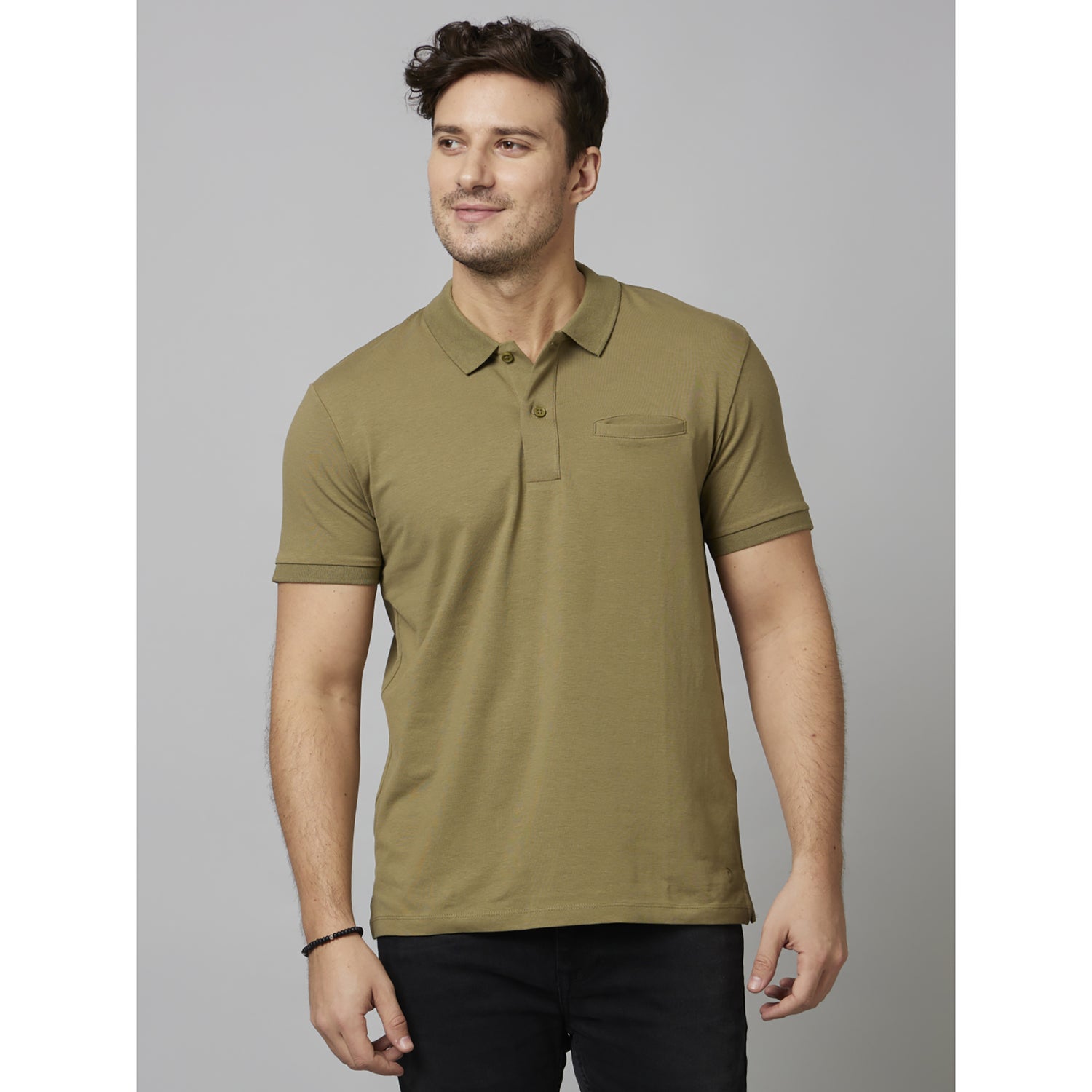 Khaki Solid Short Sleeve Cotton Poly Blend T-Shirts (DECOULE)
