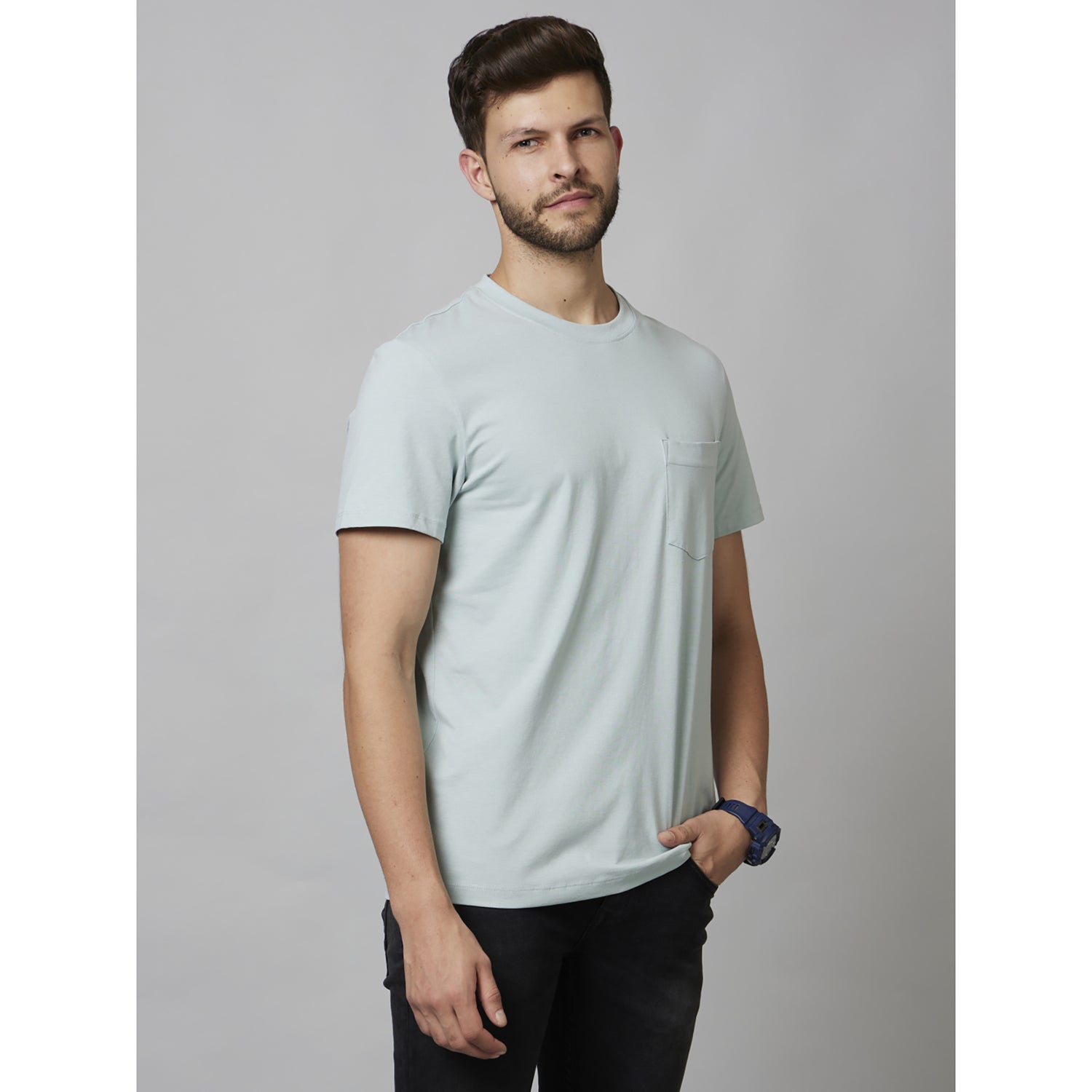 Blue Solid Short Sleeve Cotton Poly Blend T-Shirts (DECOMFORT)