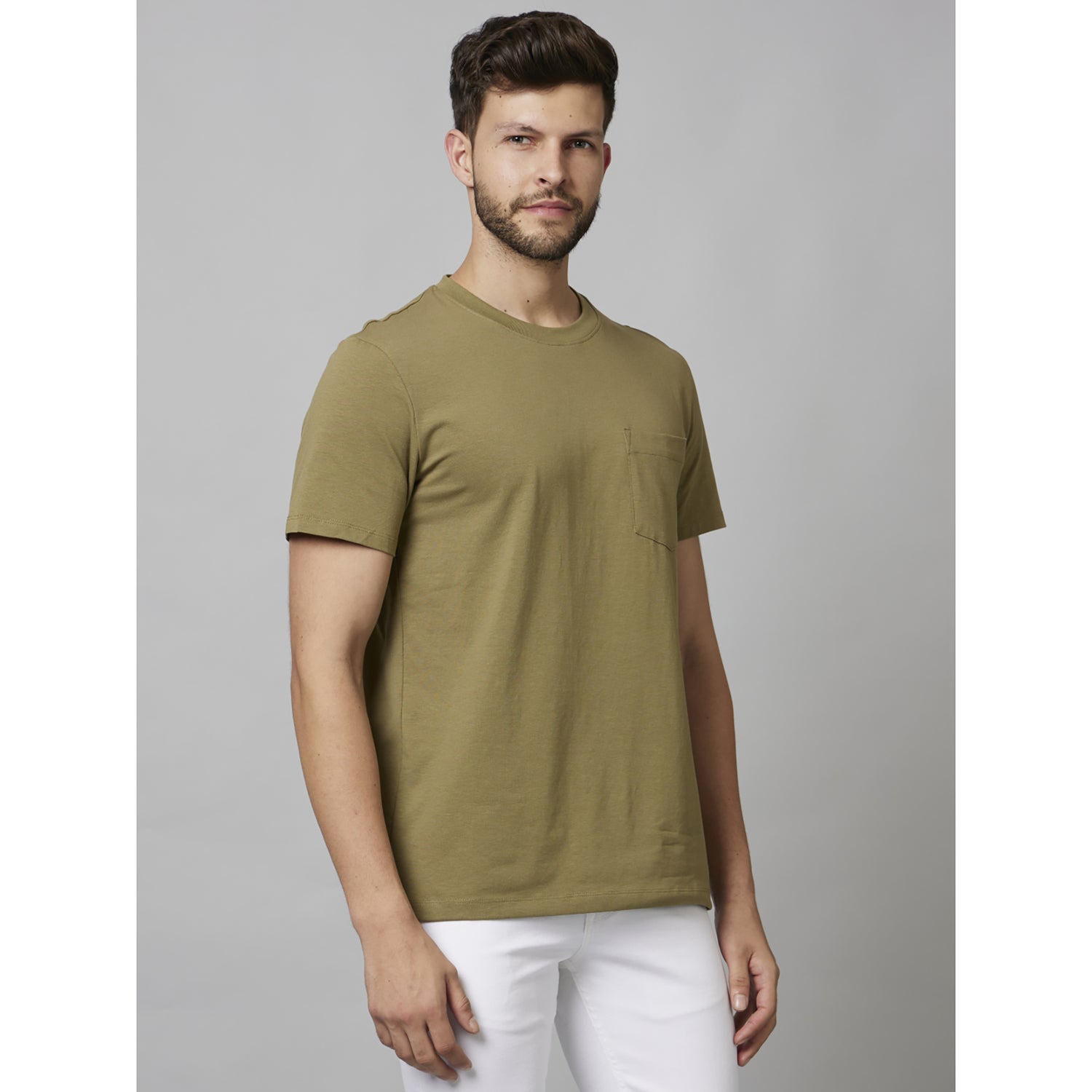 Khaki Solid Short Sleeve Cotton Poly Blend T-Shirts (DECOMFORT)