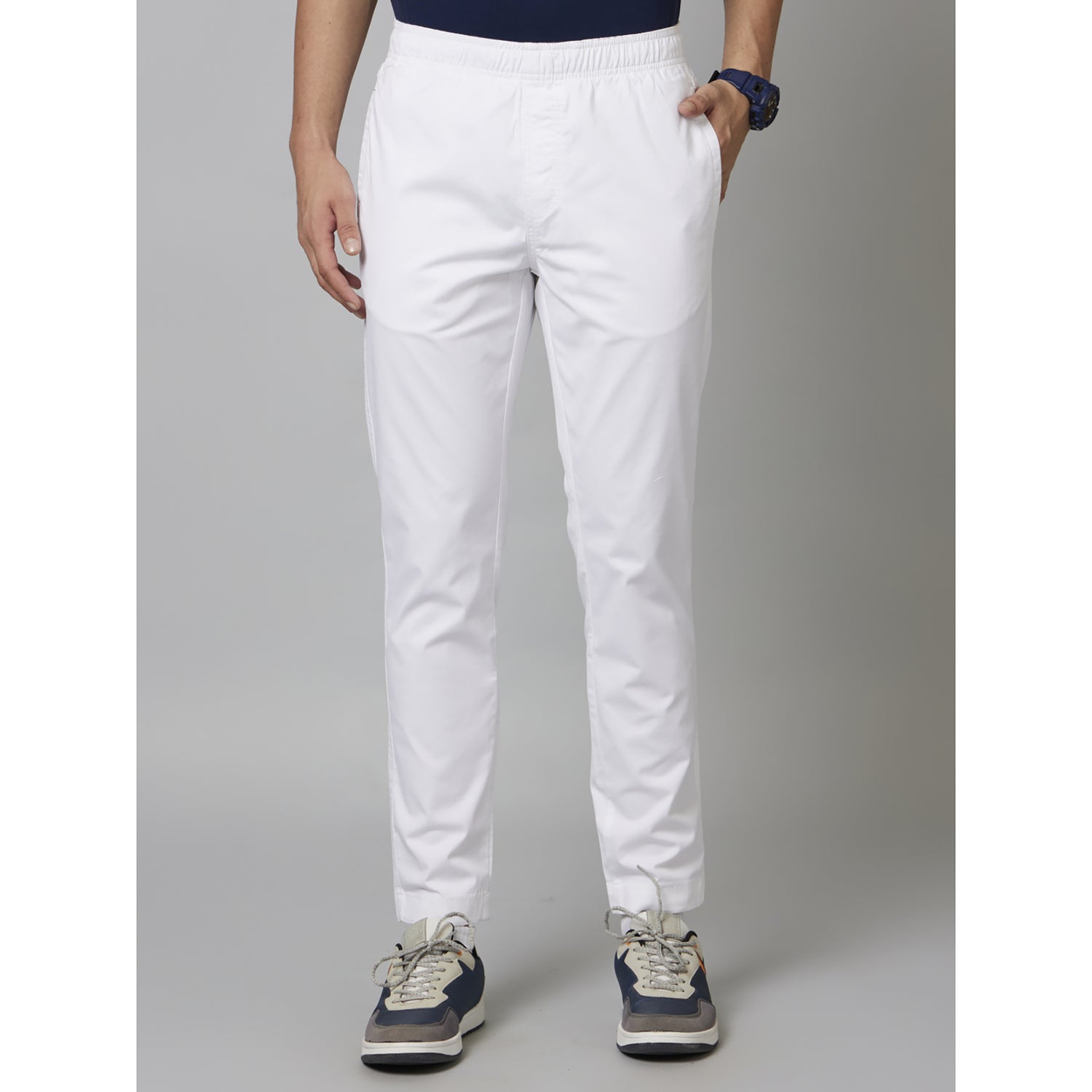 White Solid Cotton Poly Blend Trousers (DOMAX5)