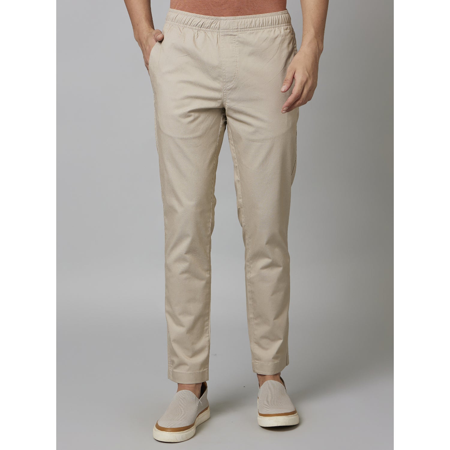 Beige Solid Cotton Poly Blend Trousers (DOMAX5)