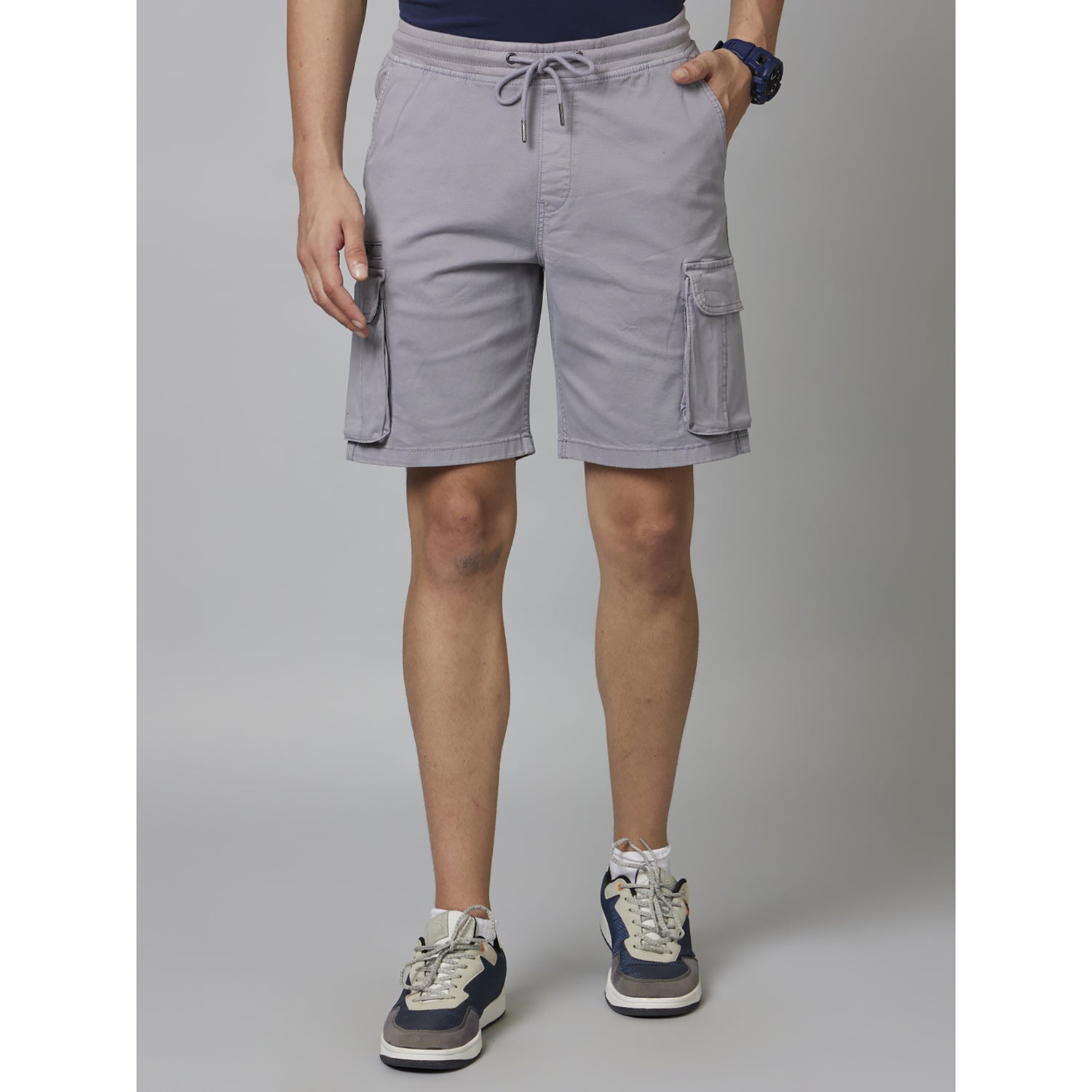 Grey Solid Cotton Blend Shorts (DORIBM)