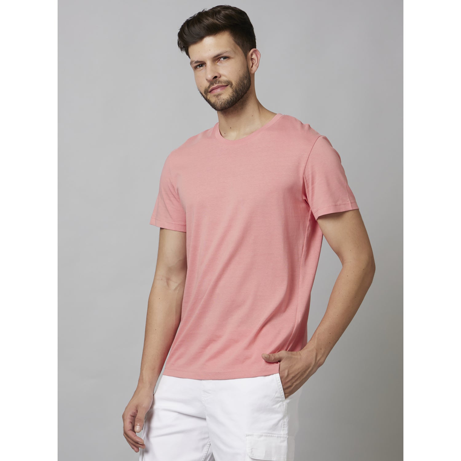 Pink Solid Half Sleeve Cotton T-Shirts (TEBASE1)