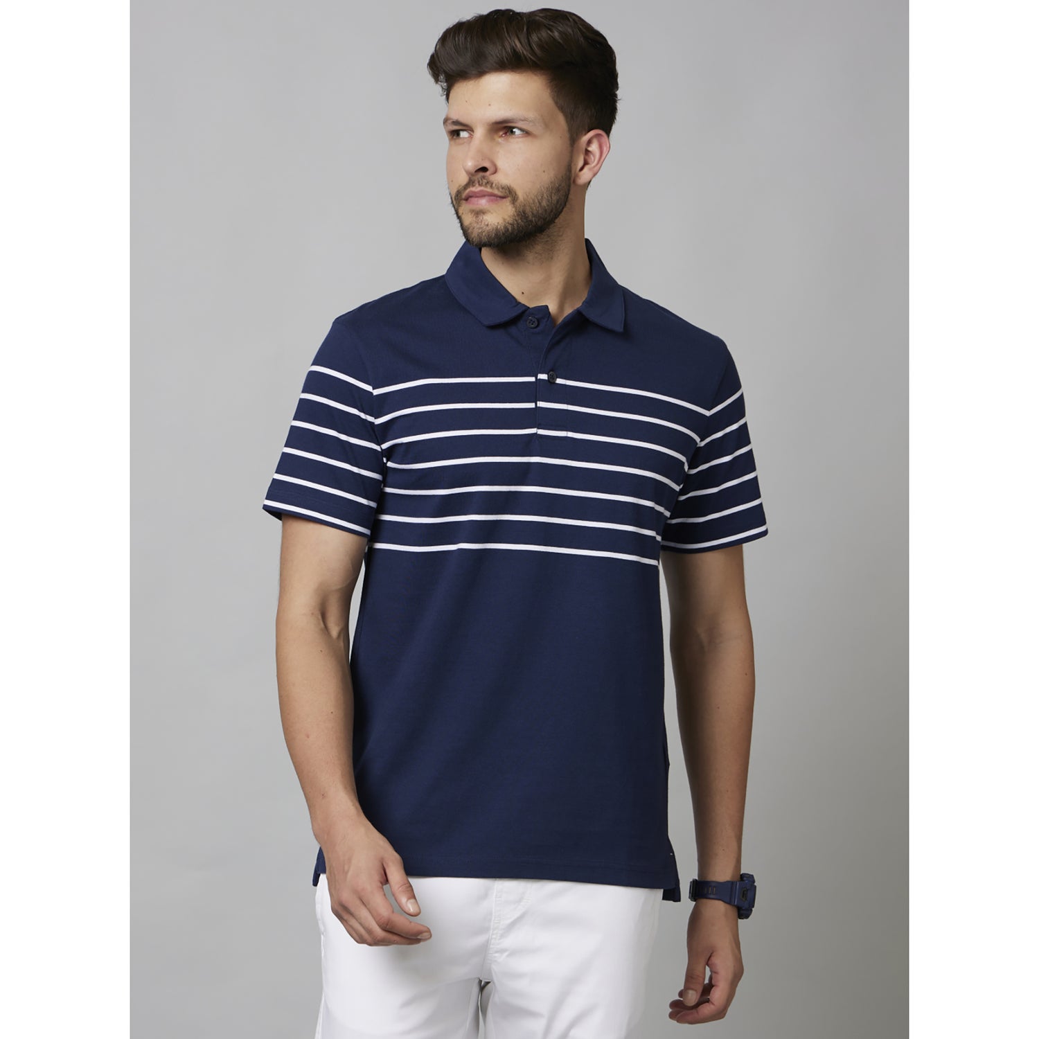 Navy Blue Horizontal Stripes Short Sleeve Cotton T-Shirts (FENEC)