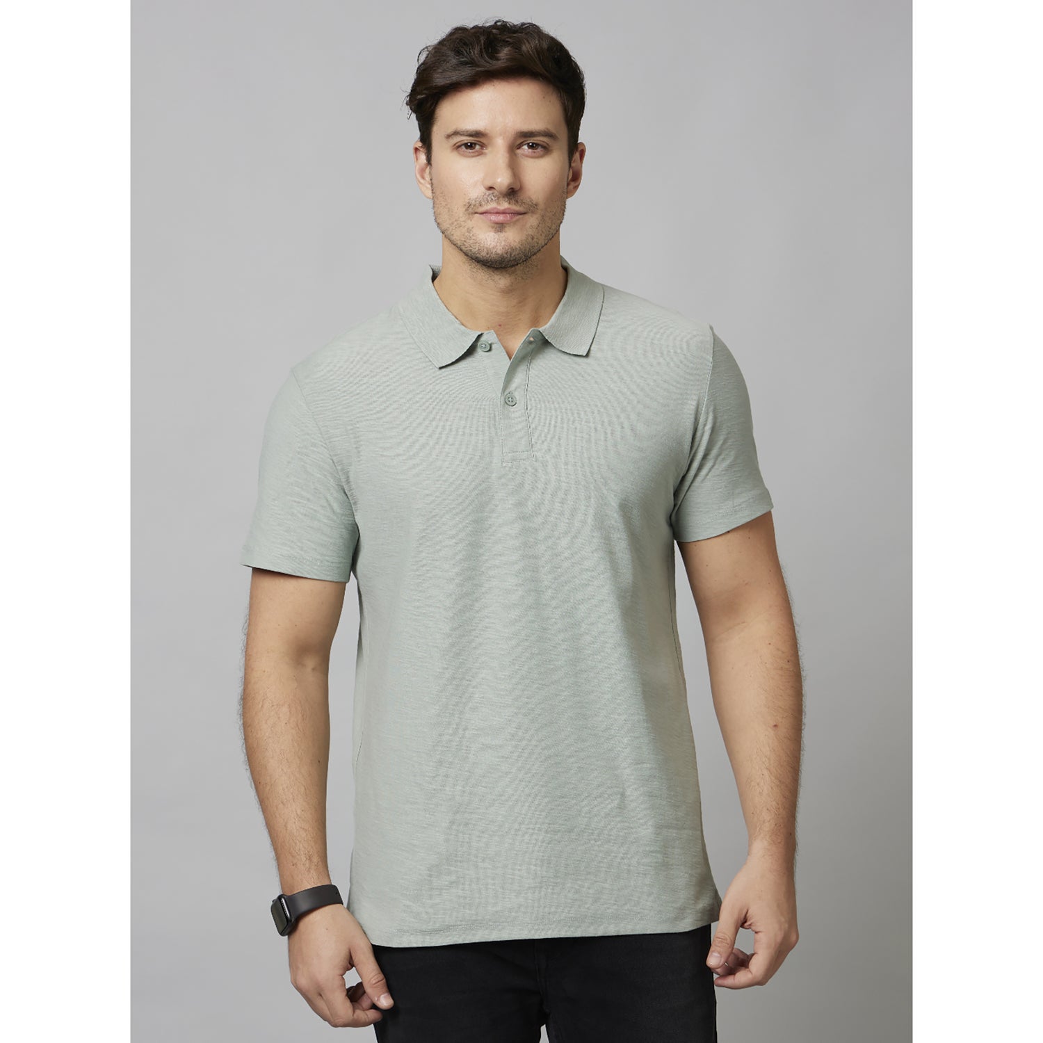 Grey Solid Short Sleeve Cotton T-Shirts (FEFLAME)