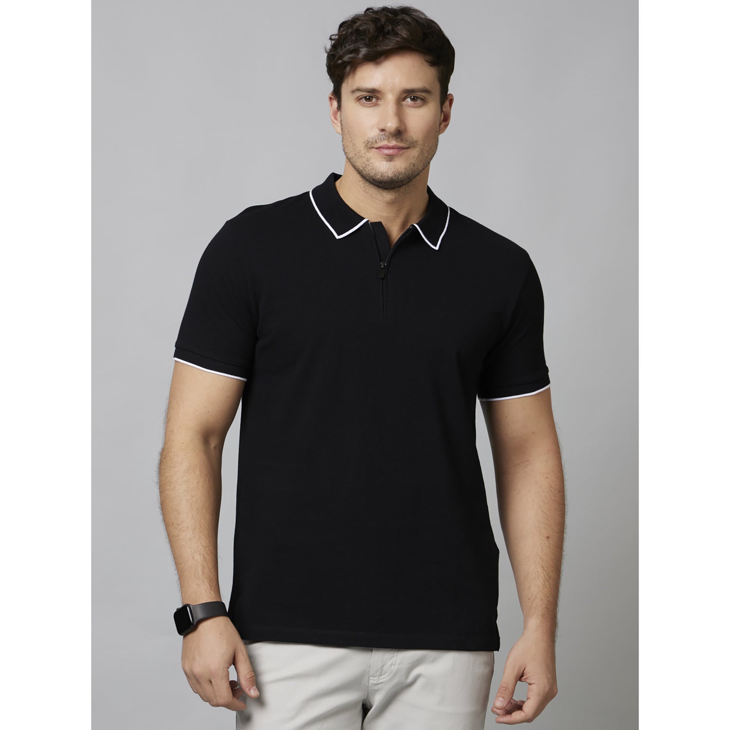 Black Solid Half Sleeve Cotton T-Shirts (FEZIP1)
