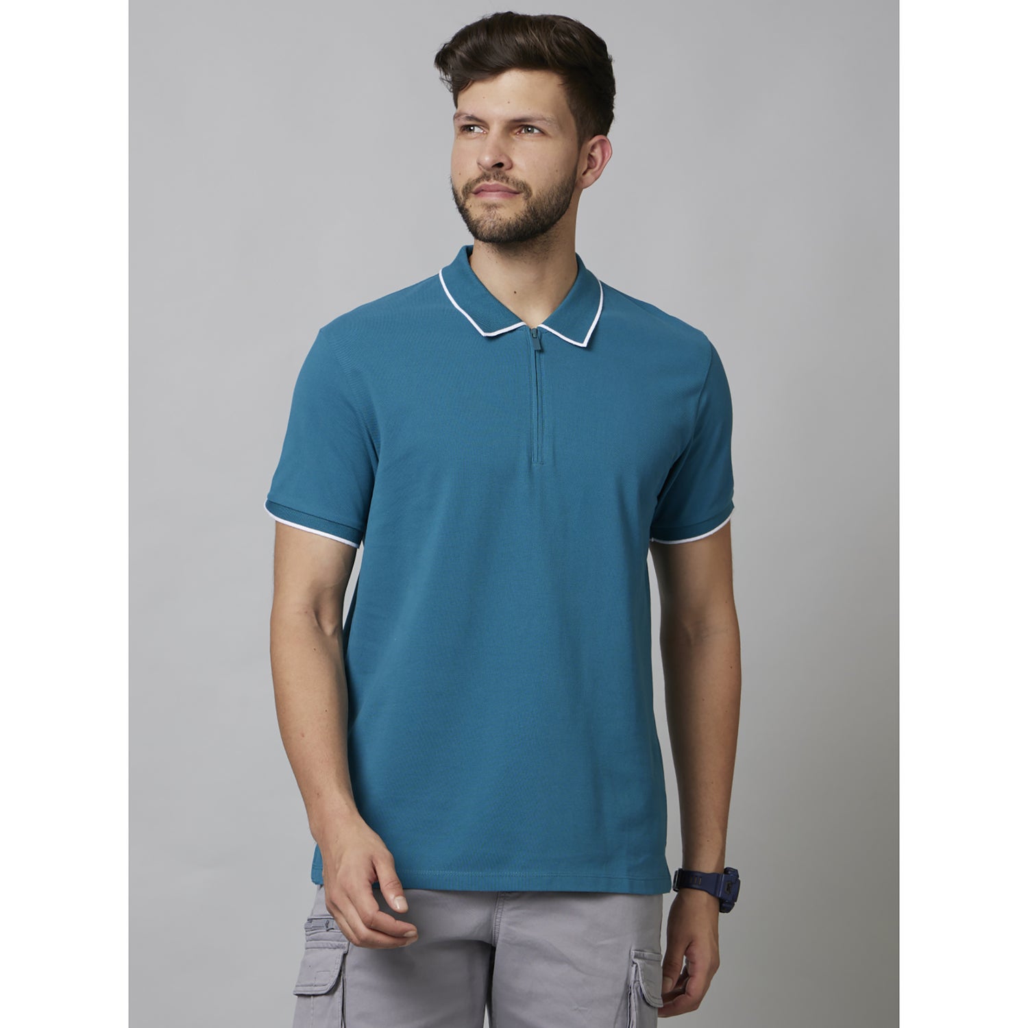 Dark Green Solid Half Sleeve Cotton T-Shirts (FEZIP1)