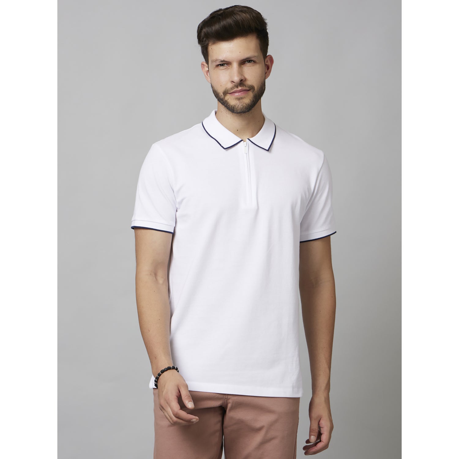 White Solid Half Sleeve Cotton T-Shirts (FEZIP1)