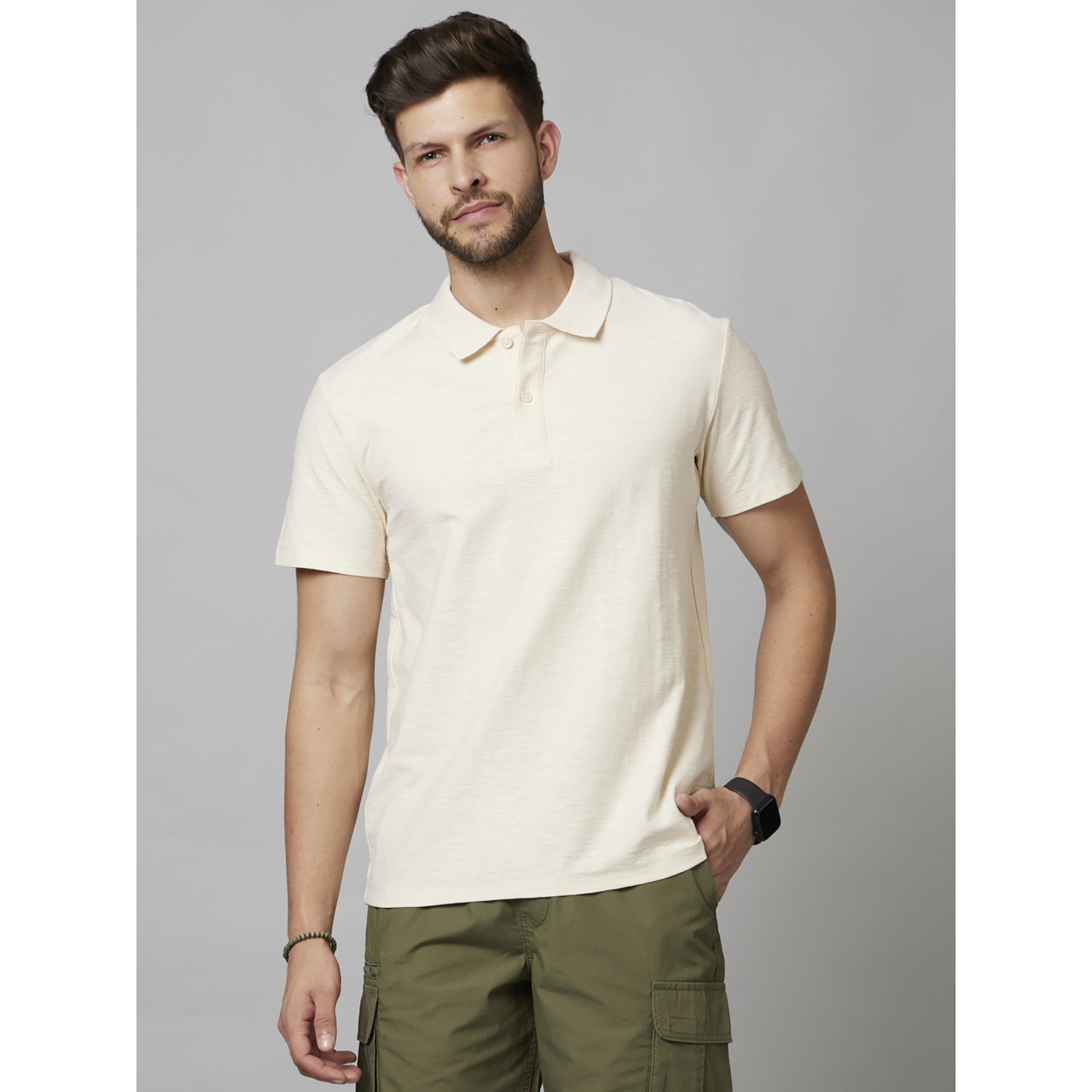 Beige Solid Short Sleeve Cotton T-Shirts (FEFLAME)