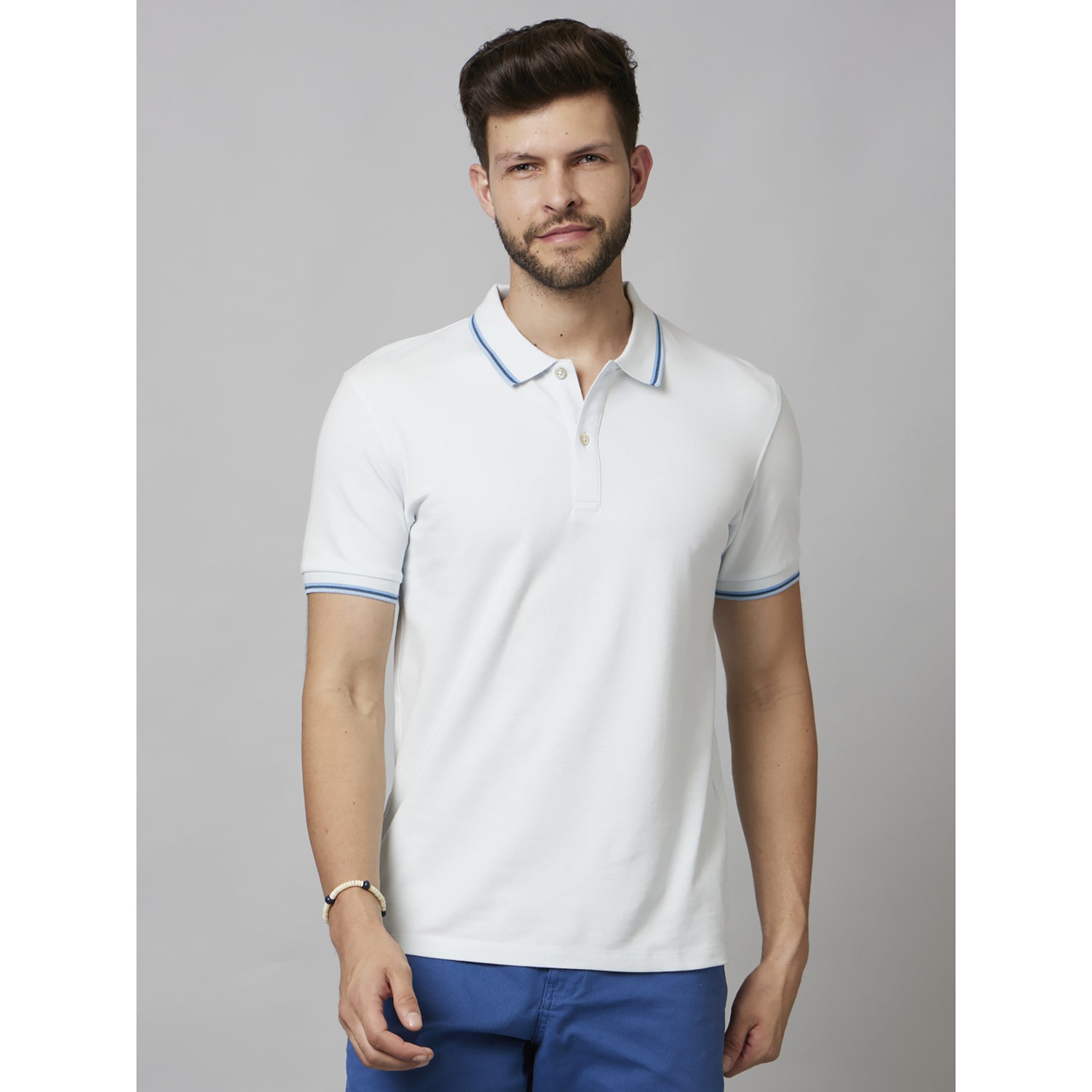 White Solid Short Sleeve Cotton Blend T-Shirts (DECOLRAYEB2)