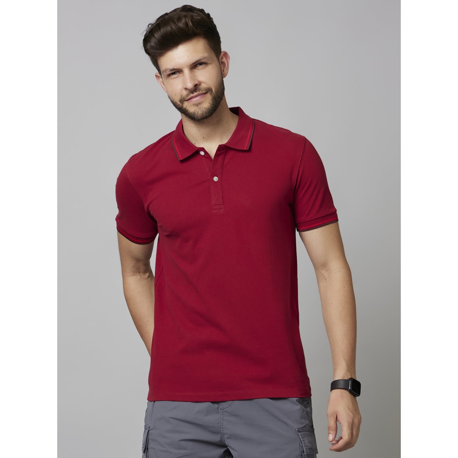 Red Solid Short Sleeve Cotton Blend T-Shirts (DECOLRAYEB2)