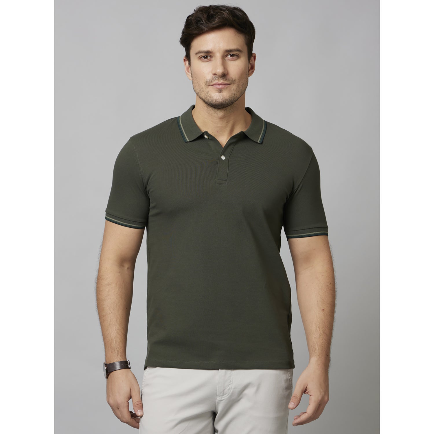 Olive Solid Short Sleeve Cotton Blend T-Shirts (DECOLRAYEB2)