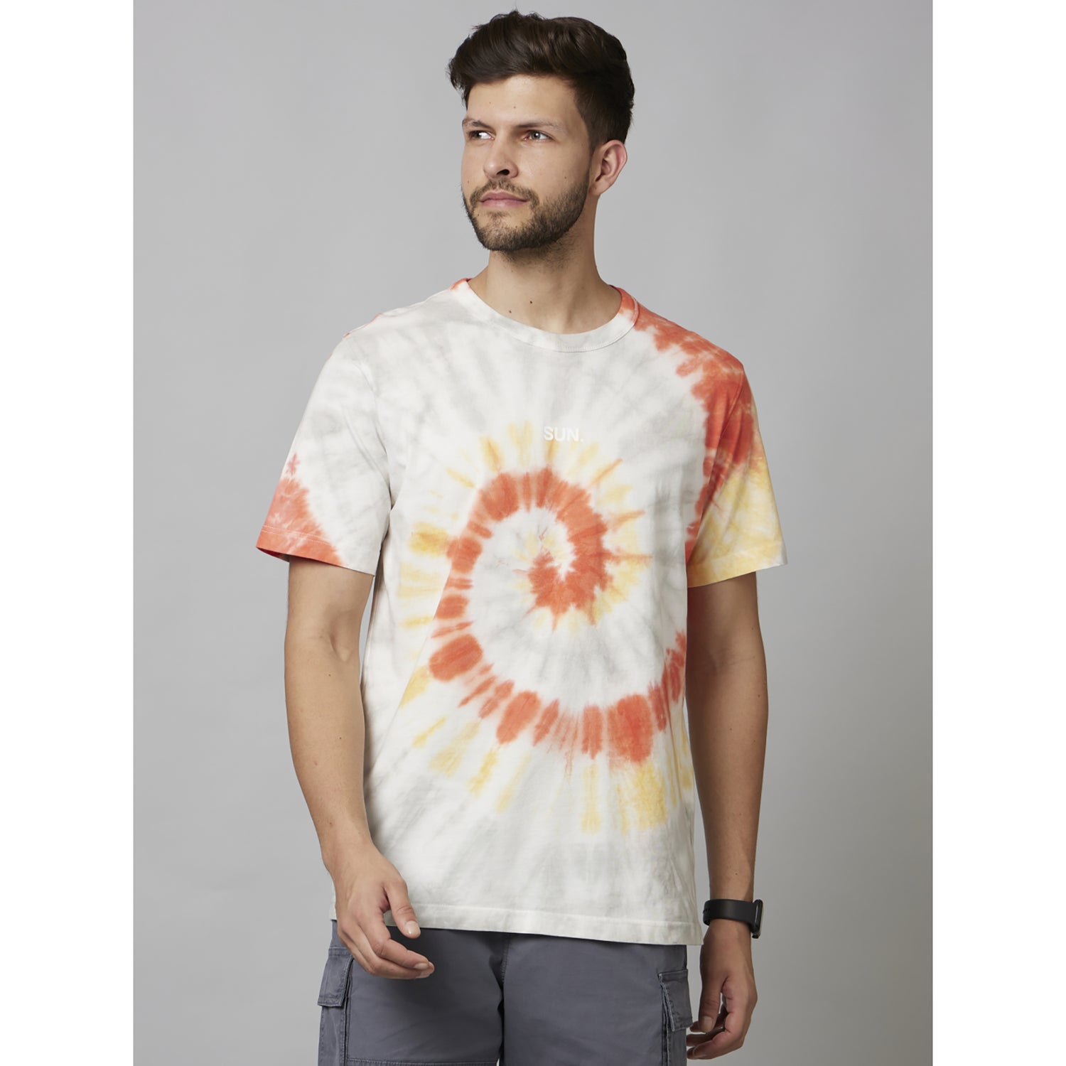 Orange Tie Dye Half Sleeve Cotton T-Shirts (FENAITRE)