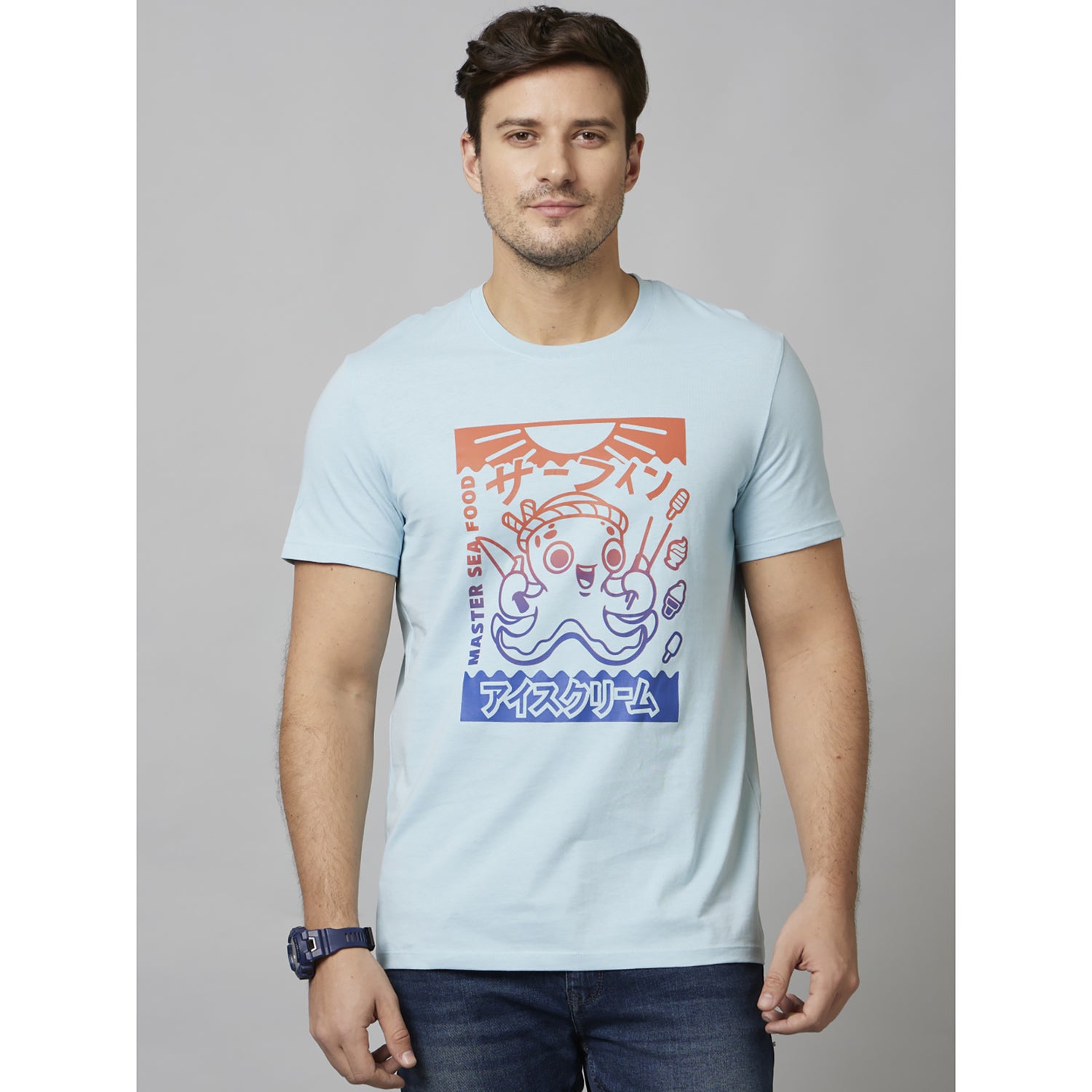 Light Blue Graphic Printed Short Sleeve Cotton T-Shirts (FEONJAP)