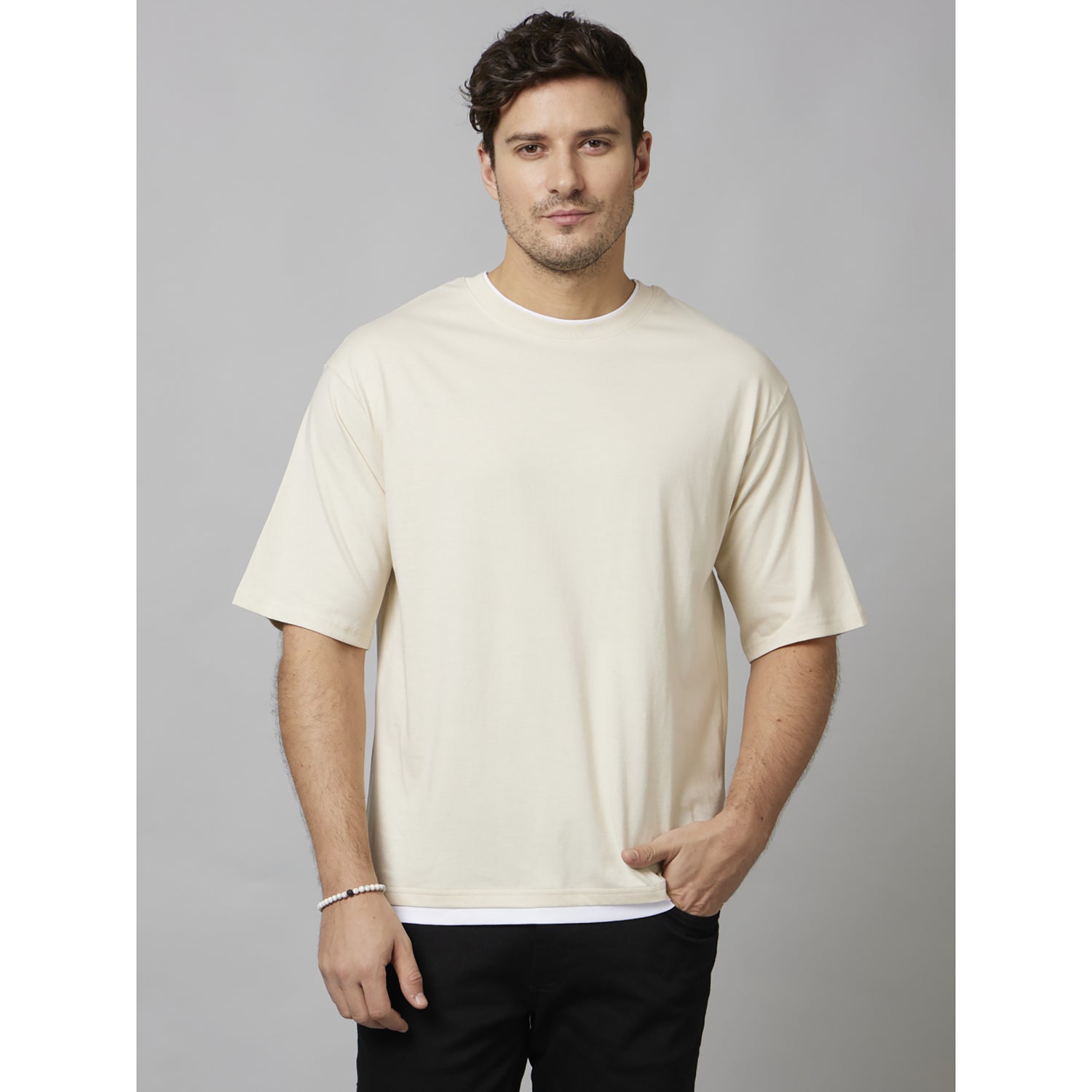 Beige Solid Half Sleeve Cotton T-Shirts (FETWIN)