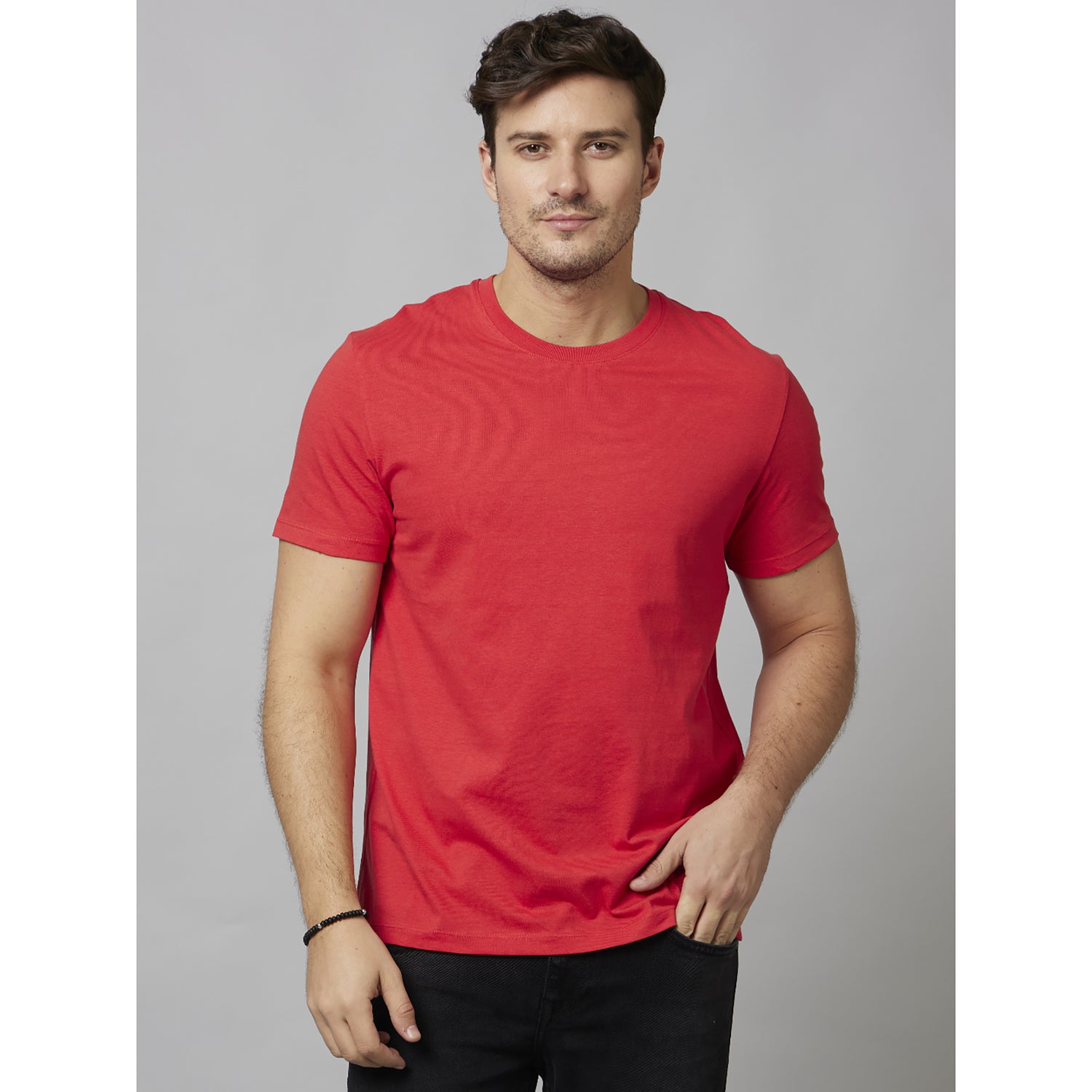 Red Solid Half Sleeve Cotton T-Shirts (TEBASE1)