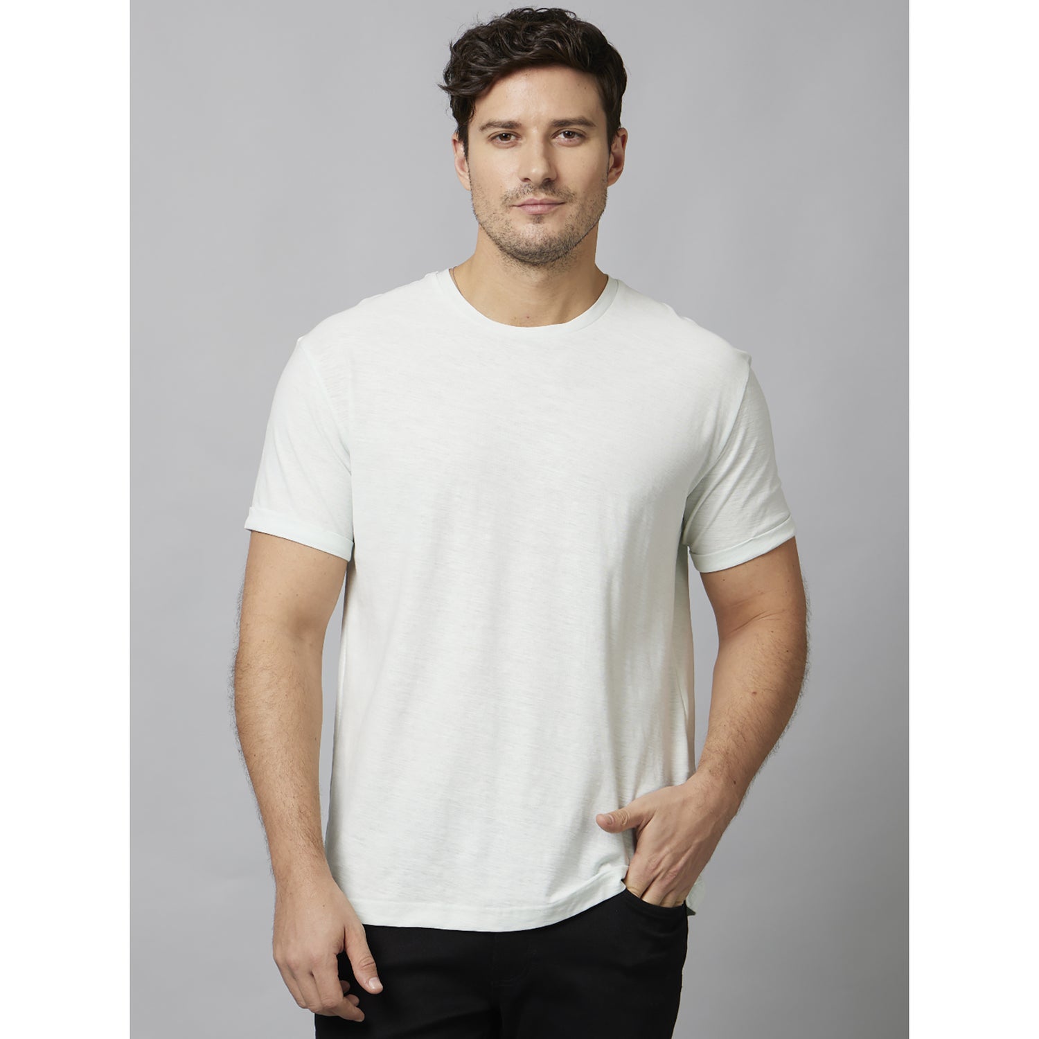 White Solid Half Sleeve Cotton T-Shirts (FECOLA)