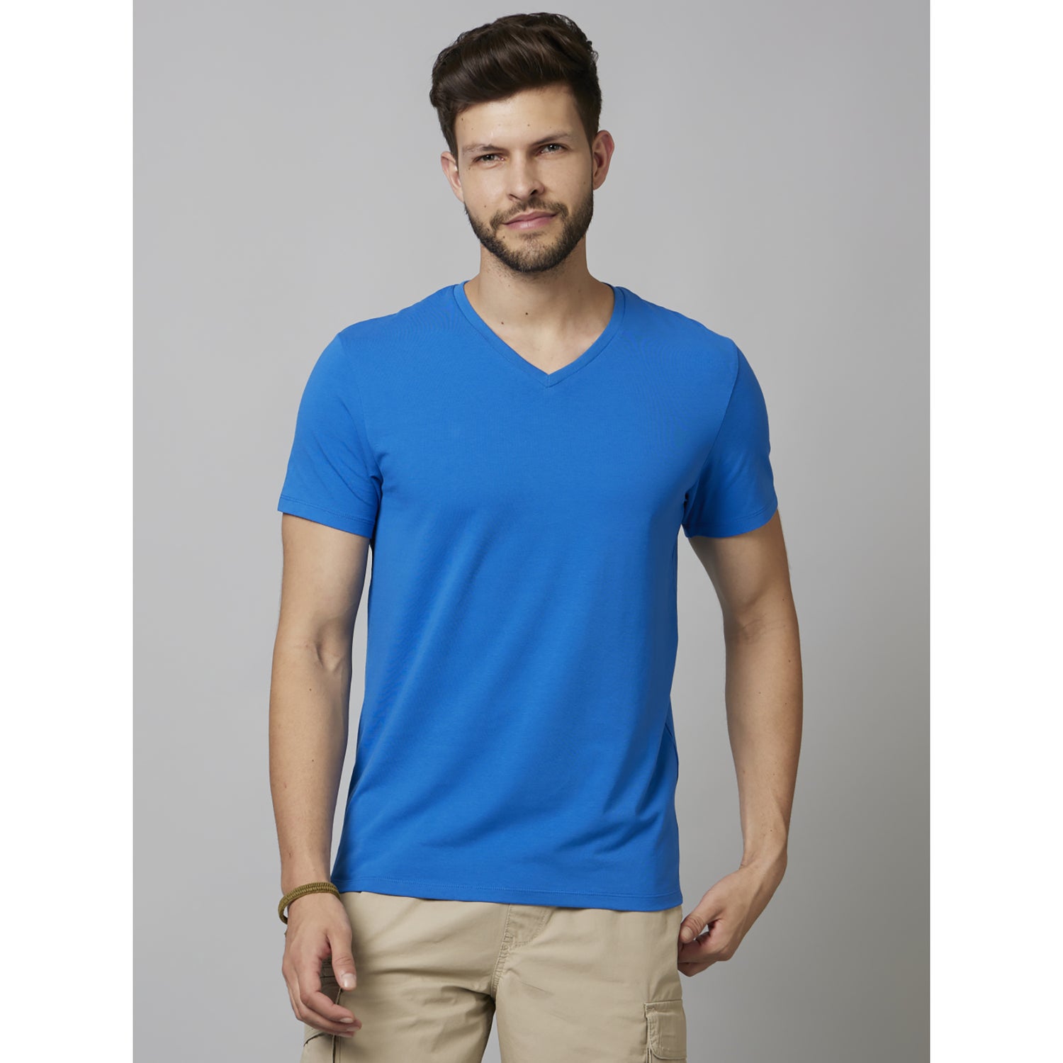 Blue Solid Half Sleeve Cotton Blend T-Shirts (NEUNIV1)