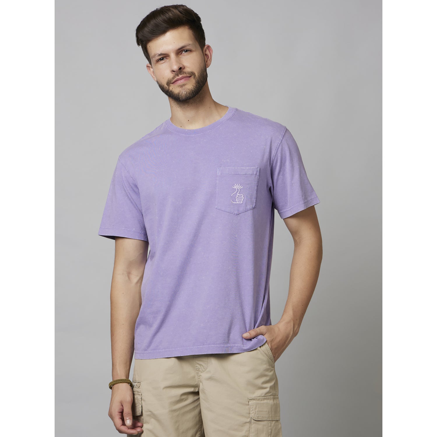 Mauve Embroidered Half Sleeve Cotton T-Shirts (FECIDE)
