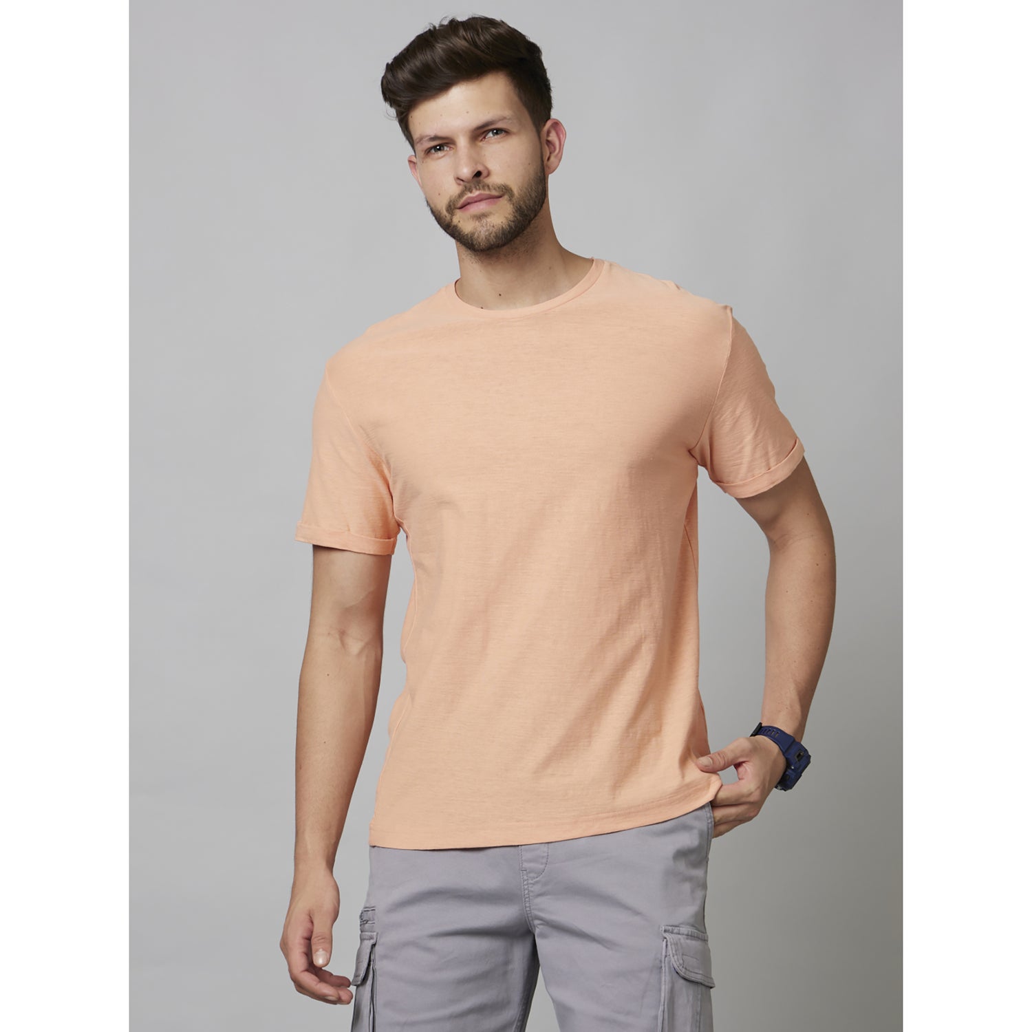 Peach Solid Half Sleeve Cotton T-Shirts (FECOLA)