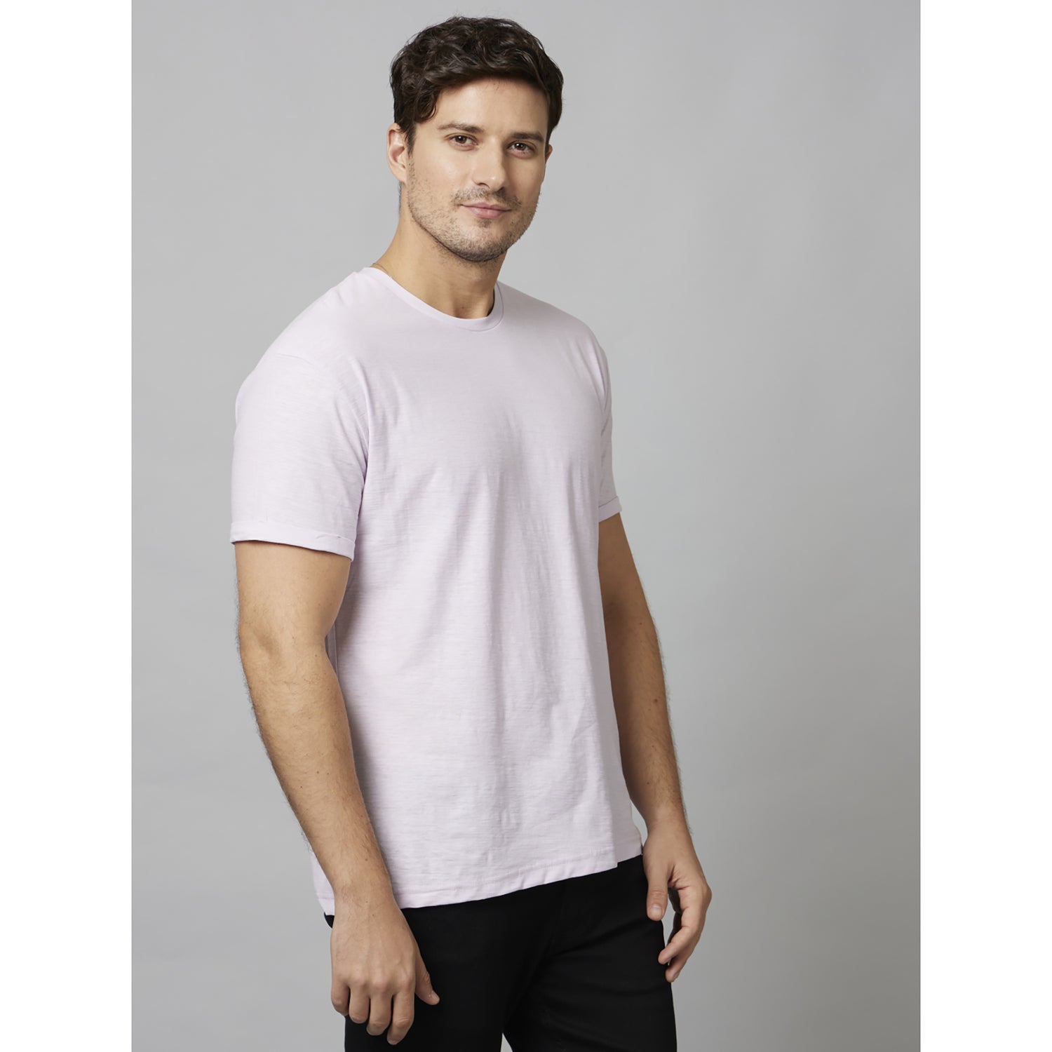 Purple Solid Short Sleeve Cotton T-Shirts (FECOLA)