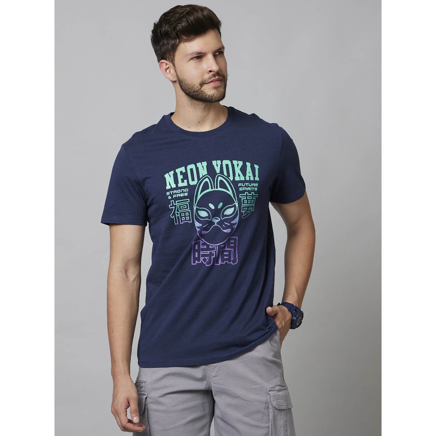 Navy Graphic Printed Short Sleeve Cotton T-Shirts (FEONJAP)