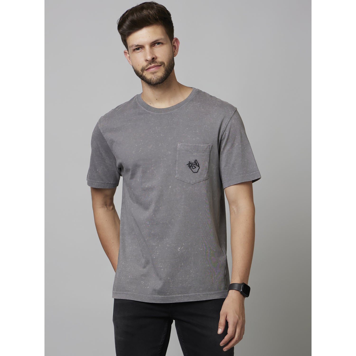 Grey Embroidered Half Sleeve Cotton T-Shirts (FECIDE)