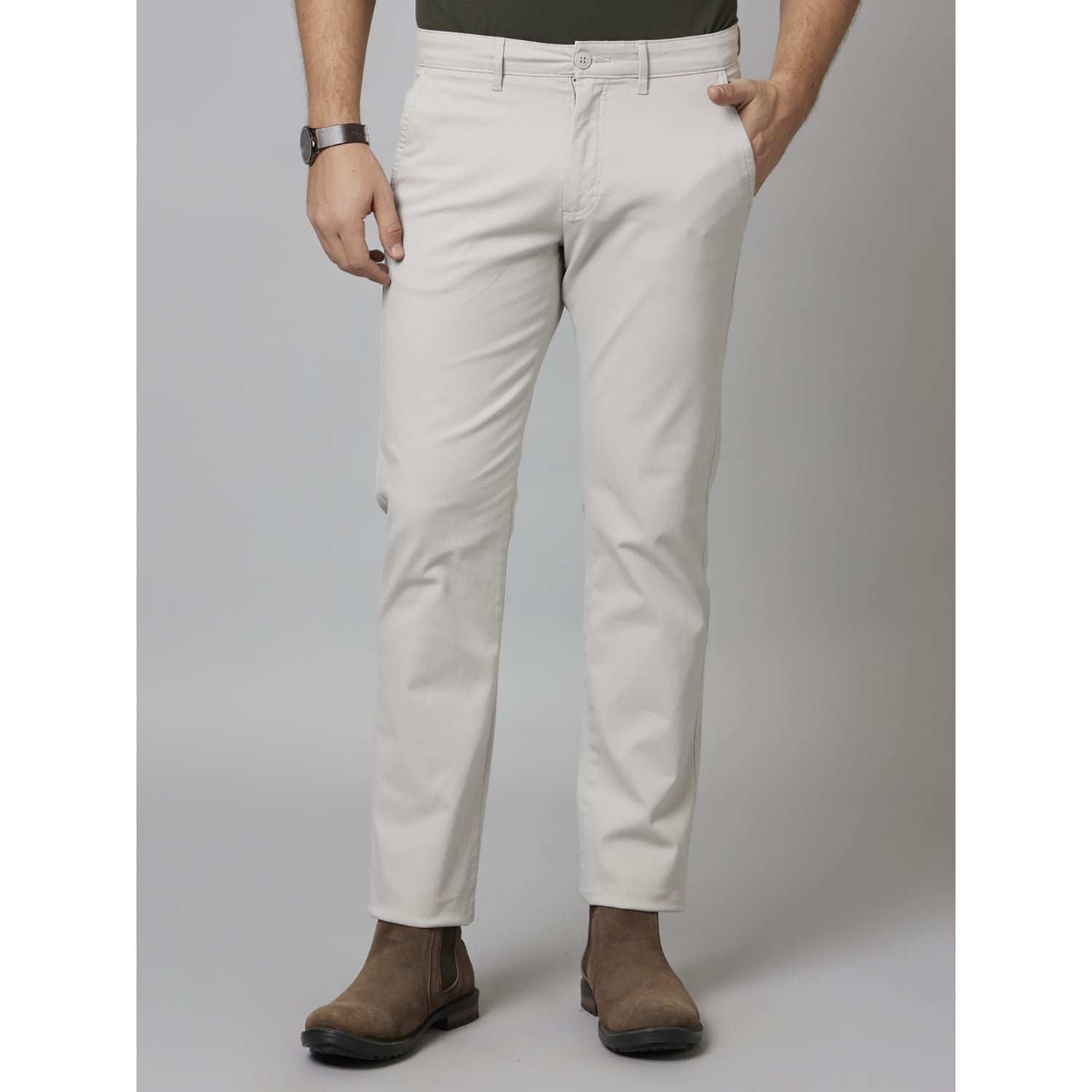 Light Grey Solid Cotton Blend Trousers (TOHENRI)