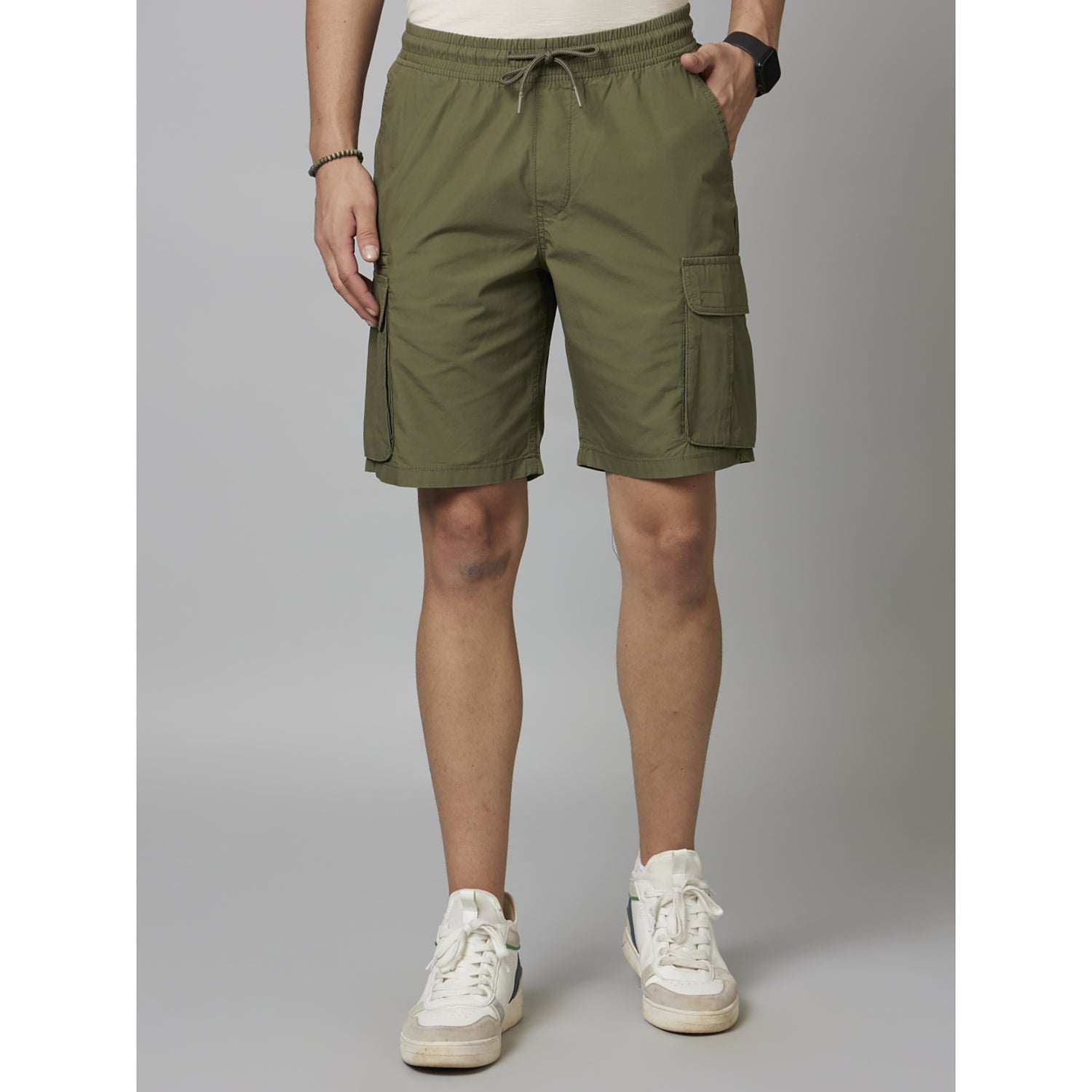 Khaki Solid Cotton Shorts (FOSTOPBM)
