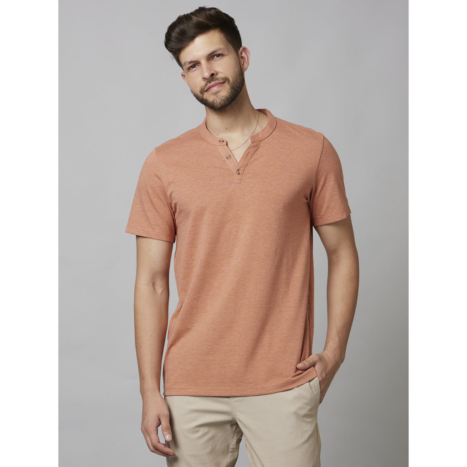 Peach Solid Short Sleeve Cotton Blend T-Shirts (CEGETI1)