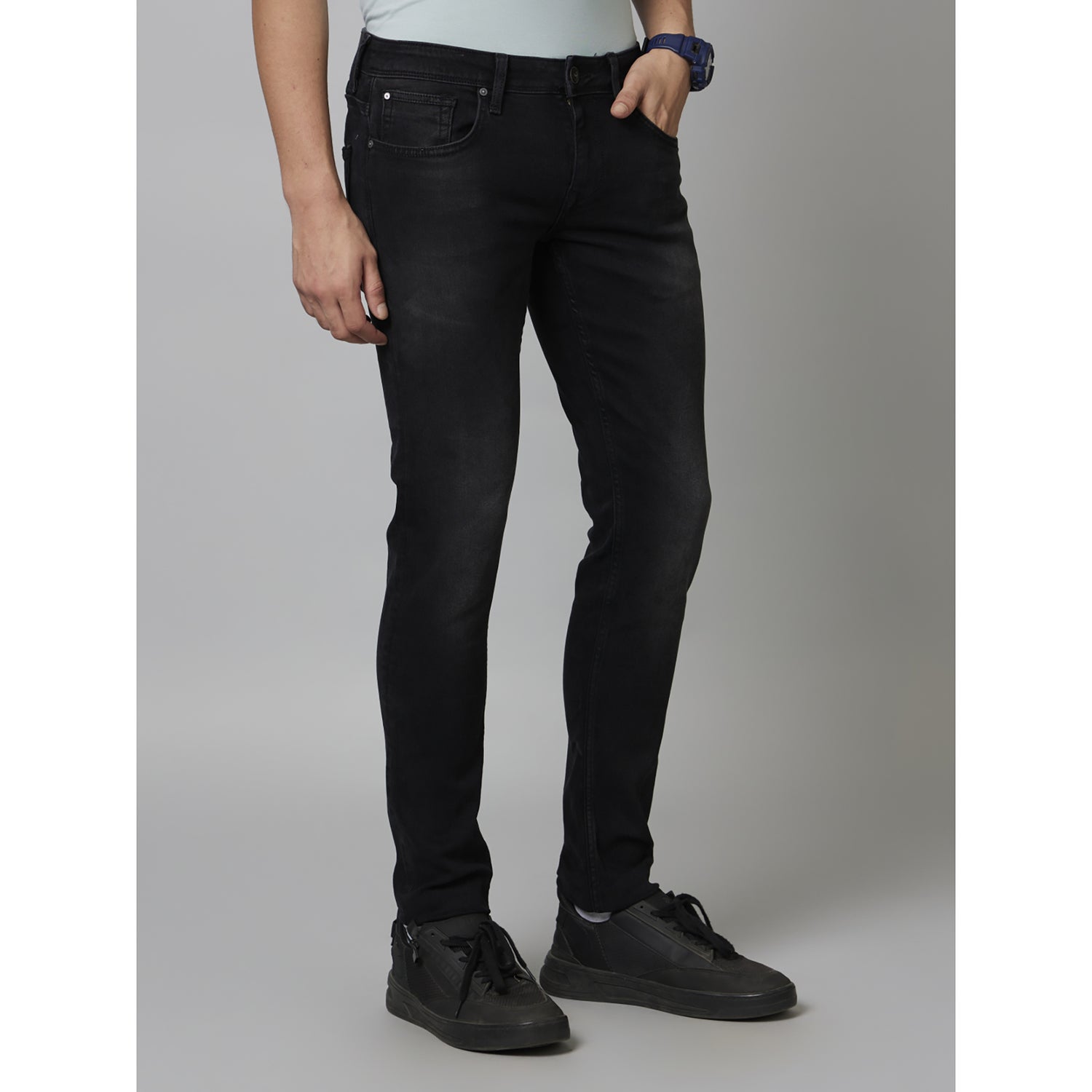 Black Solid Cotton Jeans (COECONOIR45)