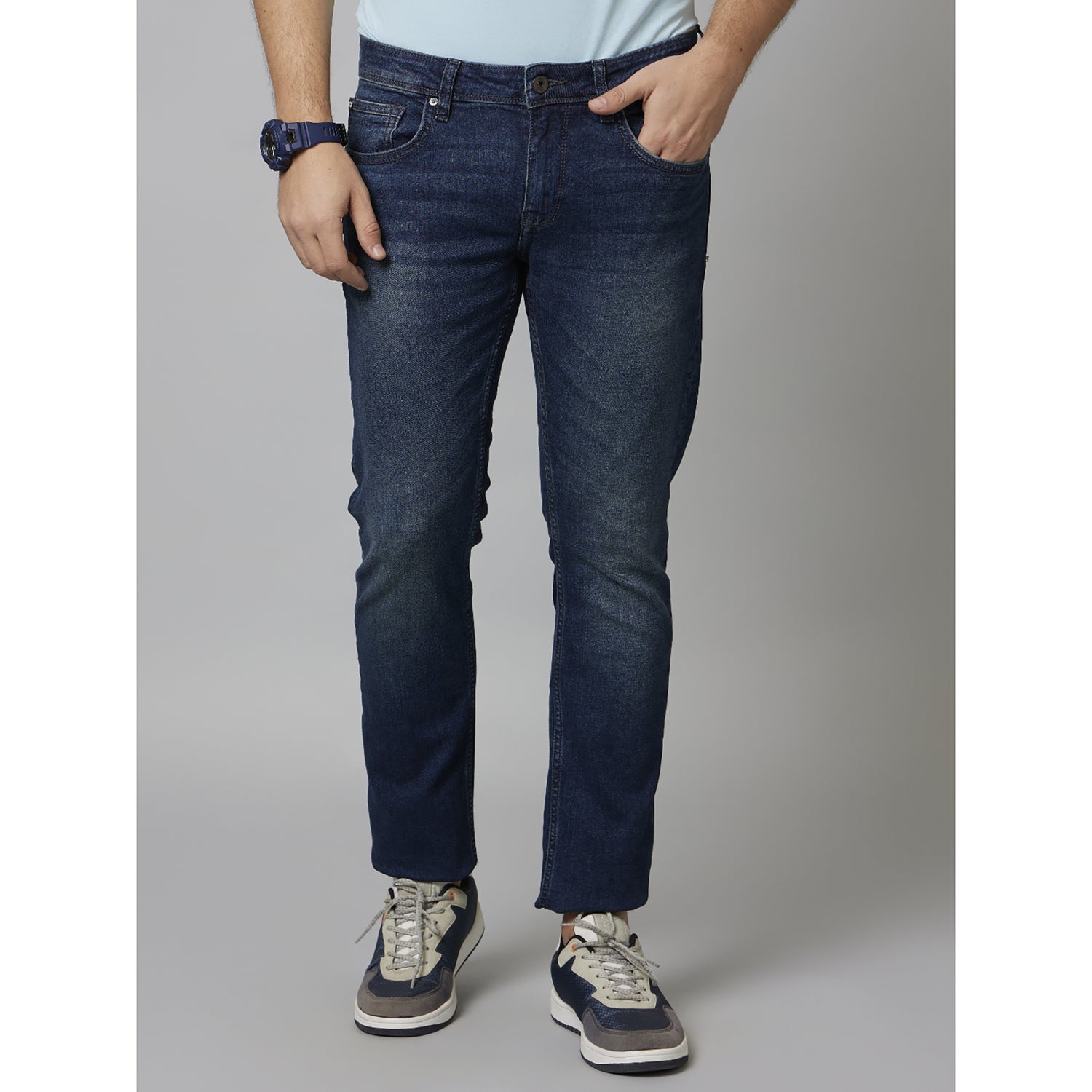 Blue Solid Cotton Jeans (COECOBEN125)