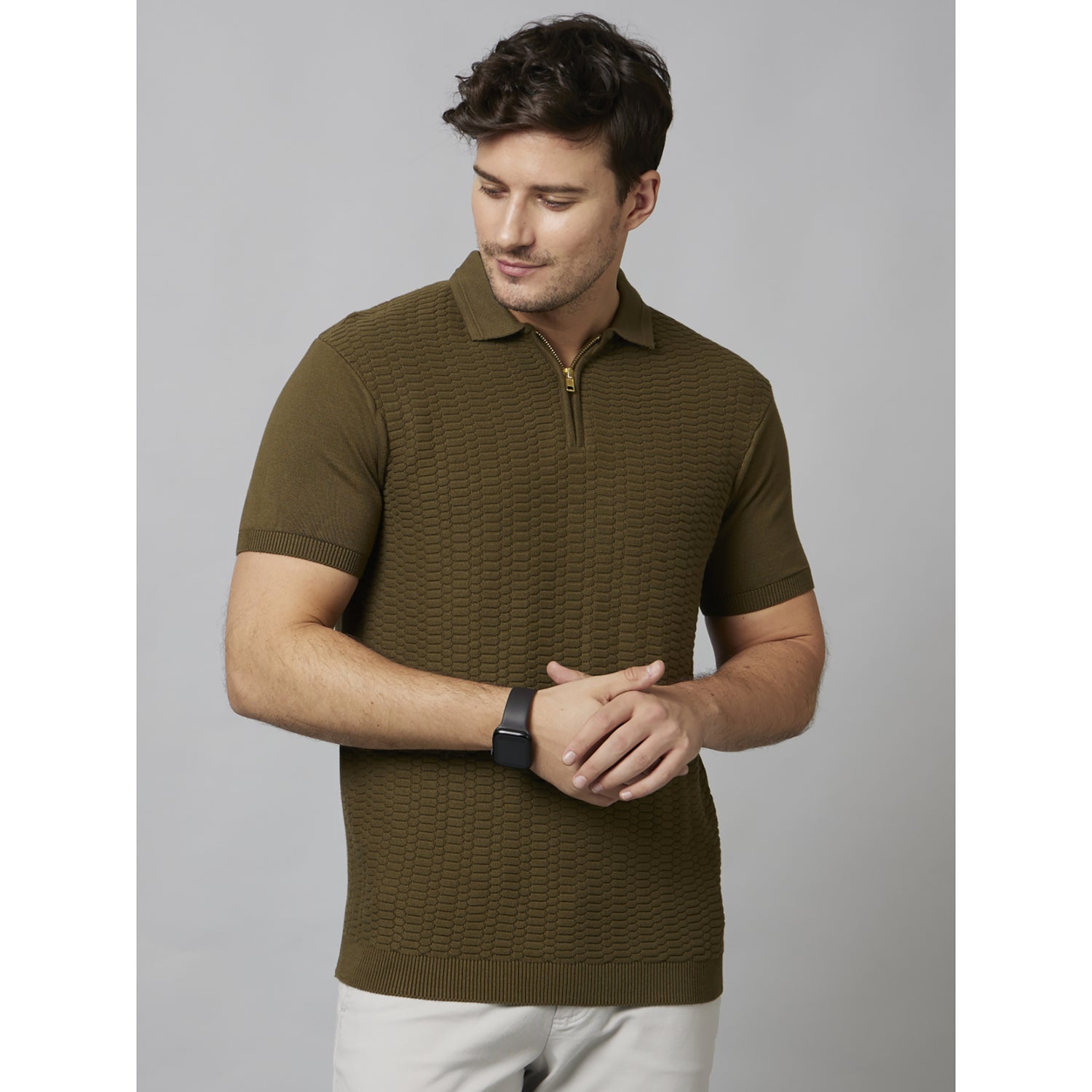 Dark Brown Self Design Short Sleeve Cotton T-Shirts (DEJACK)