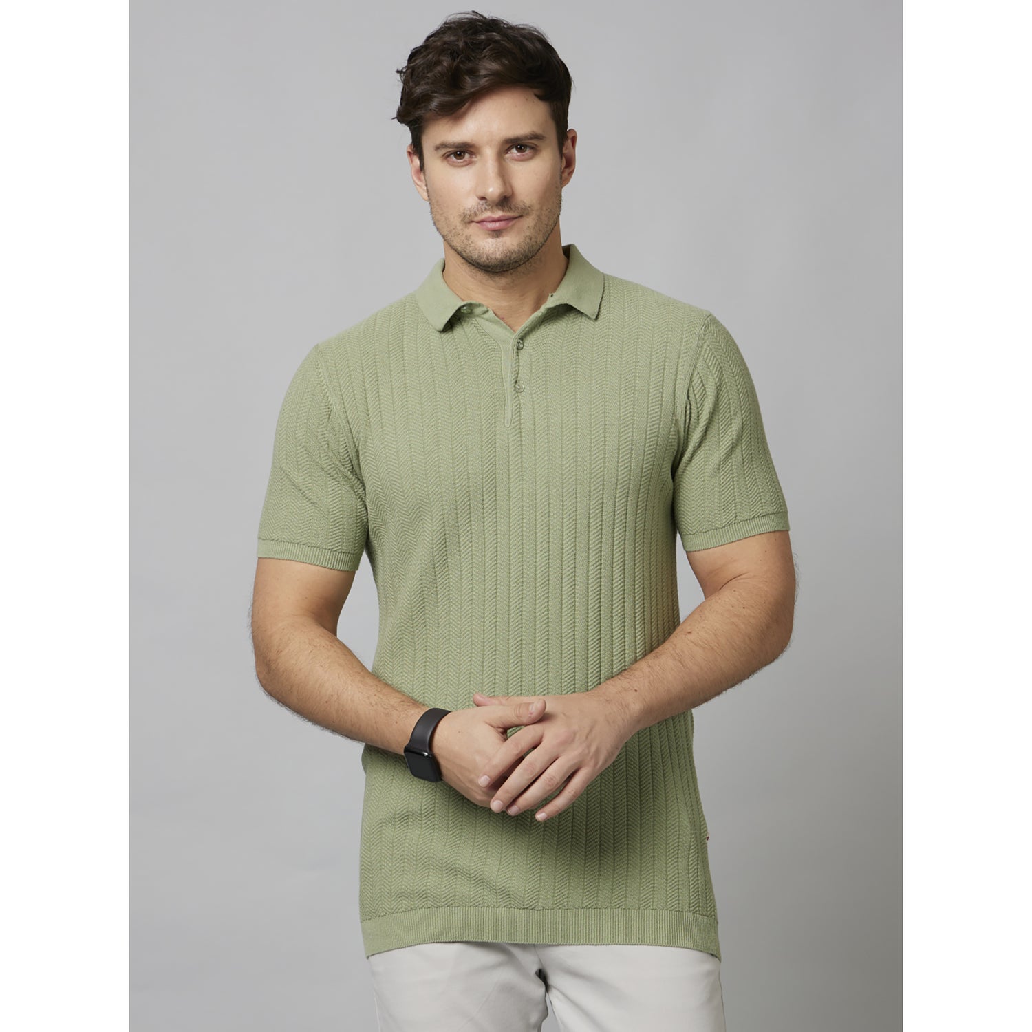 Light Green Self Design Short Sleeve Cotton T-Shirts (DEMASSI1)
